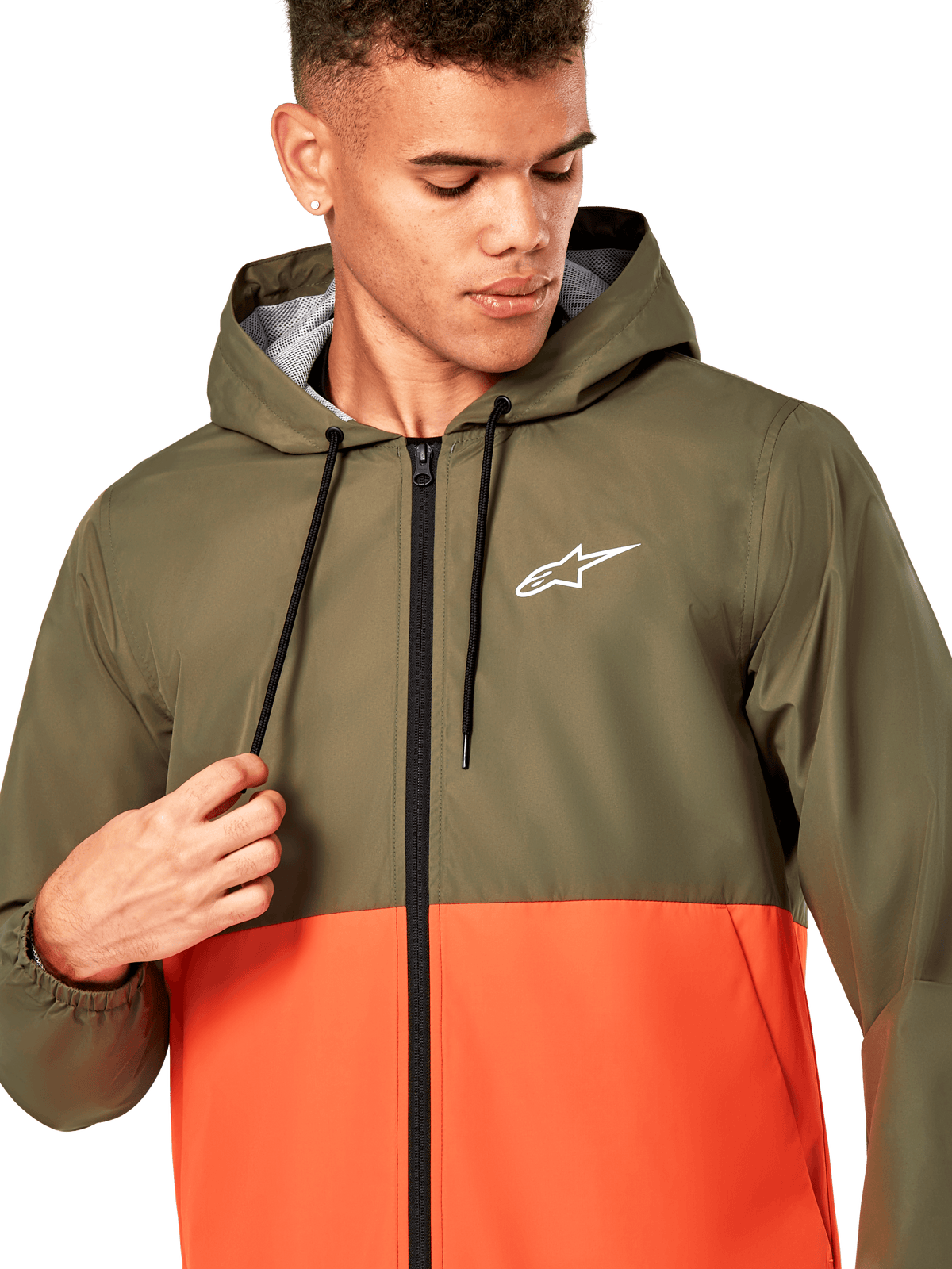Alpinestars Speeder Windbreaker Jacket, lightweight hooded windbreaker, olive green and military orange colorblock design, white Alpinestars logo on the chest, black zipper and drawstrings, casual motorsport-inspired sportswear