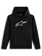 Alpinestars Ageless V3 Hoodie, schwarzer Sportswear-Kapuzenpullover mit weißem gesticktem Logo und Kängurutasche.
