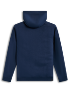 Alpinestars Ageless V3 Hoodie, dunkelblauer Sportswear-Fleecepullover, Rückansicht mit Kapuze und Rippsaum.