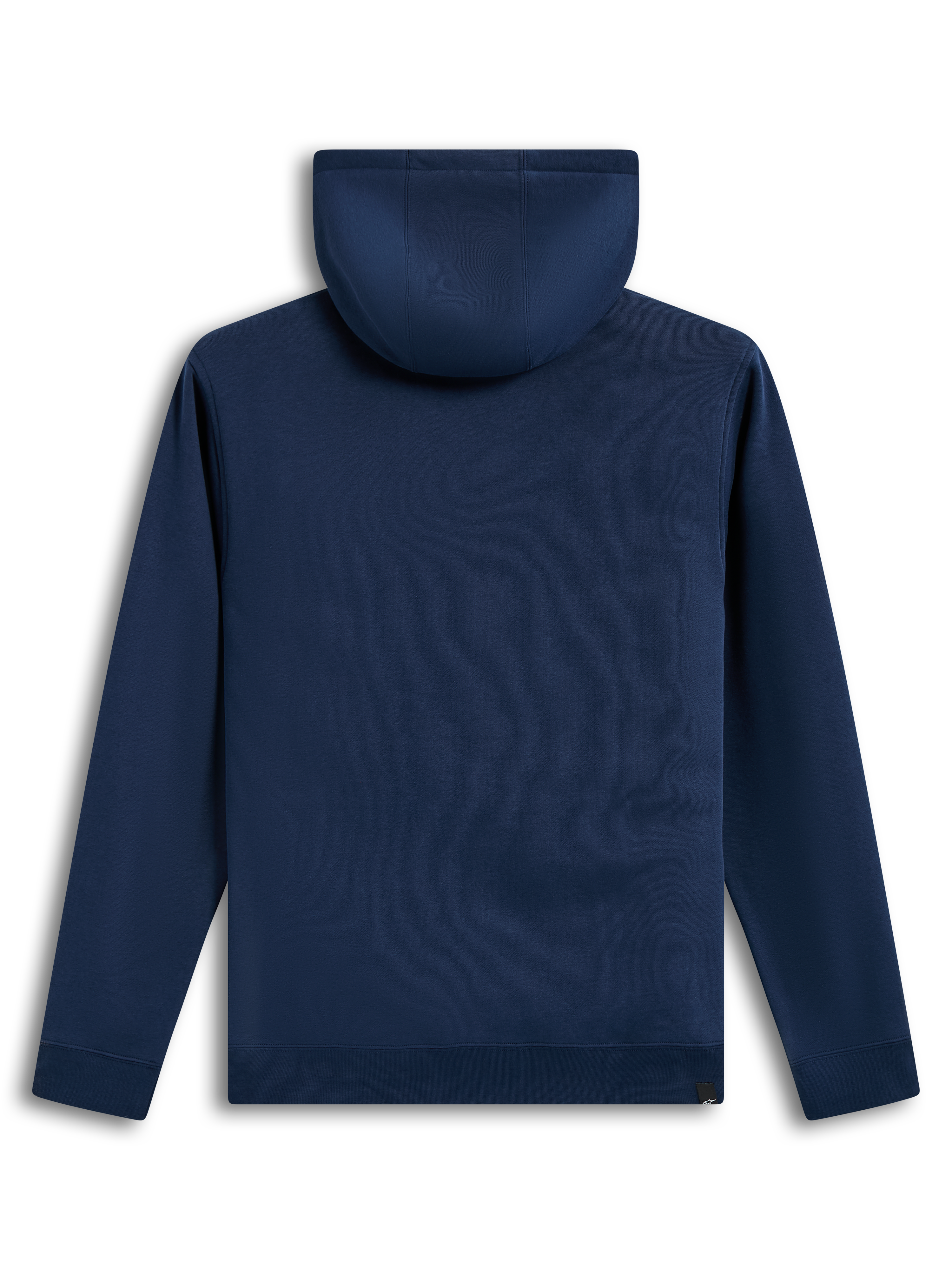 Alpinestars Ageless V3 Hoodie, dunkelblauer Sportswear-Fleecepullover, Rückansicht mit Kapuze und Rippsaum.