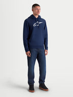 Alpinestars Ageless V3 Hoodie, Herren-Sportswear Kapuzenpullover, Blau und Weiß, mit gesticktem Alpinestars Logo, Kapuze mit Kordelzug und Kängurutasche, bequemer Fleece-Pullover für Freizeit und Motorsport.