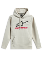 Alpinestars Always V3 Hoodie, Kapuzenpullover aus Fleece, Off-White, schwarzes Stern-Logo und roter Alpinestars-Schriftzug auf der Brust, Kängurutasche, Kapuze mit Kordelzug, lässige, vom Motorsport inspirierte Sportbekleidung