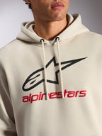 Alpinestars Always V3 Hoodie, lässige Streetwear, Off-White mit schwarzem Stern-Logo und rotem Alpinestars-Schriftzug, Kapuze mit Kordelzug, Premium-Fleece, modernes, vom Motorsport inspiriertes Design