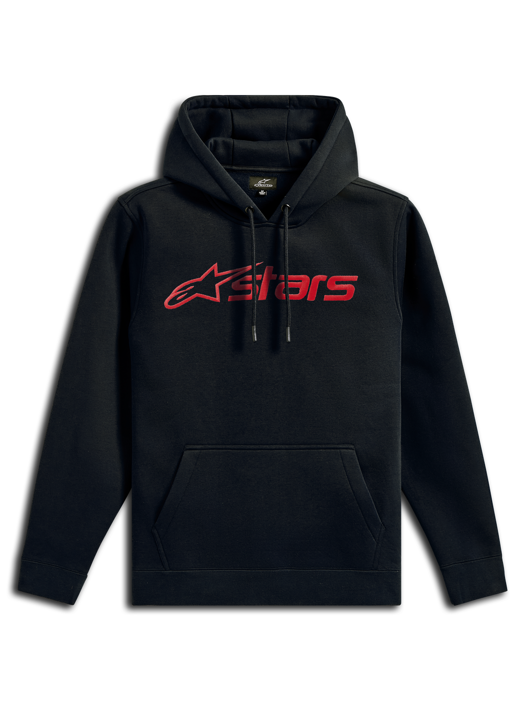 Alpinestars Blaze V3 Hoodie, lässige Streetwear, Schwarz mit rotem linearem Logo, Kapuze mit Kordelzug, Kängurutasche vorne, lange Ärmel, modernes, vom Motorsport inspiriertes Design