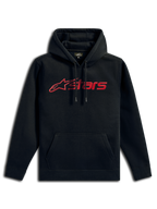 Alpinestars Blaze V3 Hoodie, lässige Streetwear, Schwarz mit rotem linearem Logo, Kapuze mit Kordelzug, Kängurutasche vorne, lange Ärmel, modernes, vom Motorsport inspiriertes Design