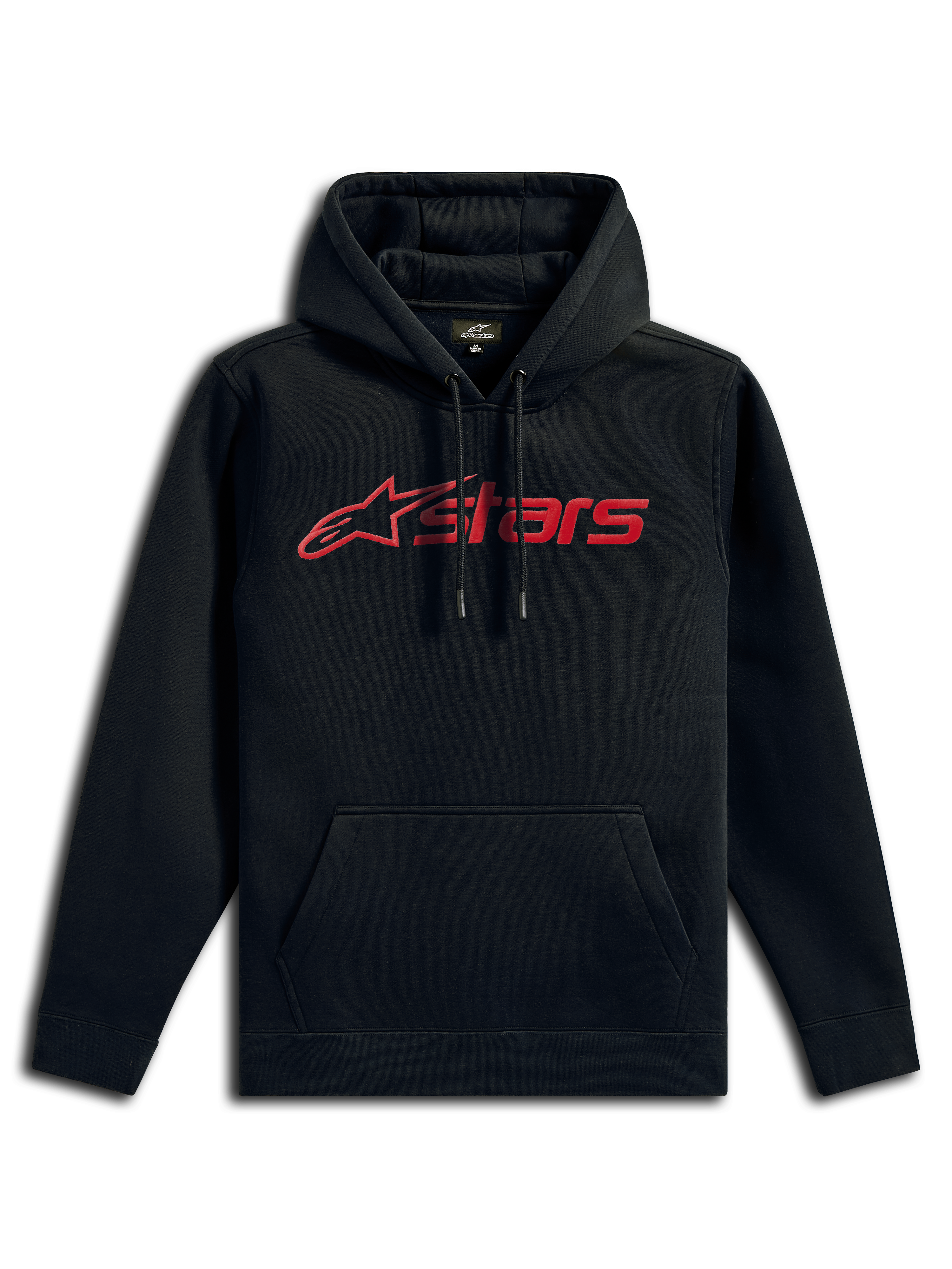 Alpinestars Blaze V3 Hoodie, lässige Streetwear, Schwarz mit rotem linearem Logo, Kapuze mit Kordelzug, Kängurutasche vorne, lange Ärmel, modernes, vom Motorsport inspiriertes Design