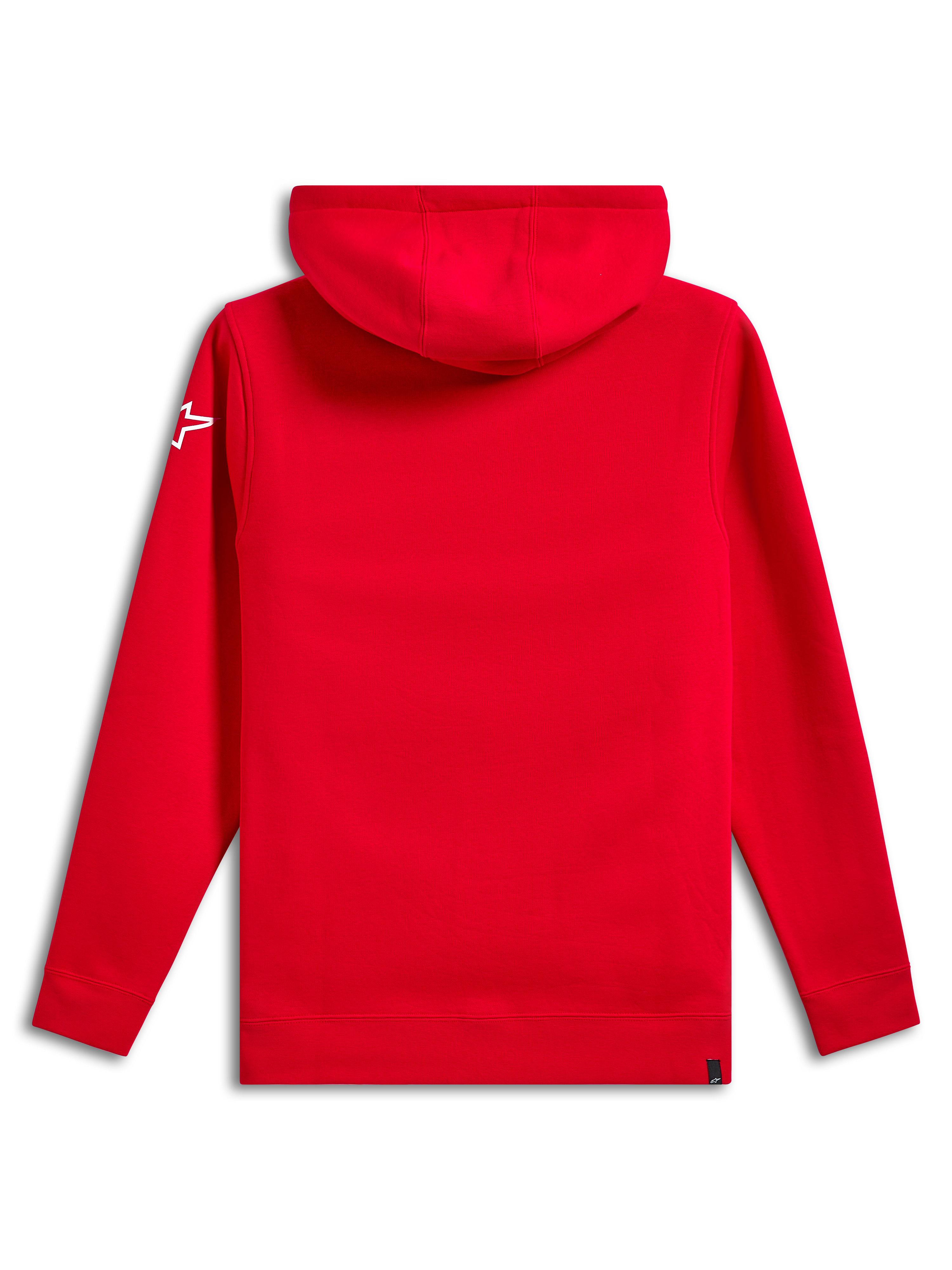 Alpinestars Linear Wordmark V3 Kapuzenpullover, Rückansicht, einfarbig Rot, weißes Ageless-Stern-Logo am Ärmel, Fleece-Kapuzenpullover mit Rippbündchen und Saum, lässige Motorsport-Streetwear