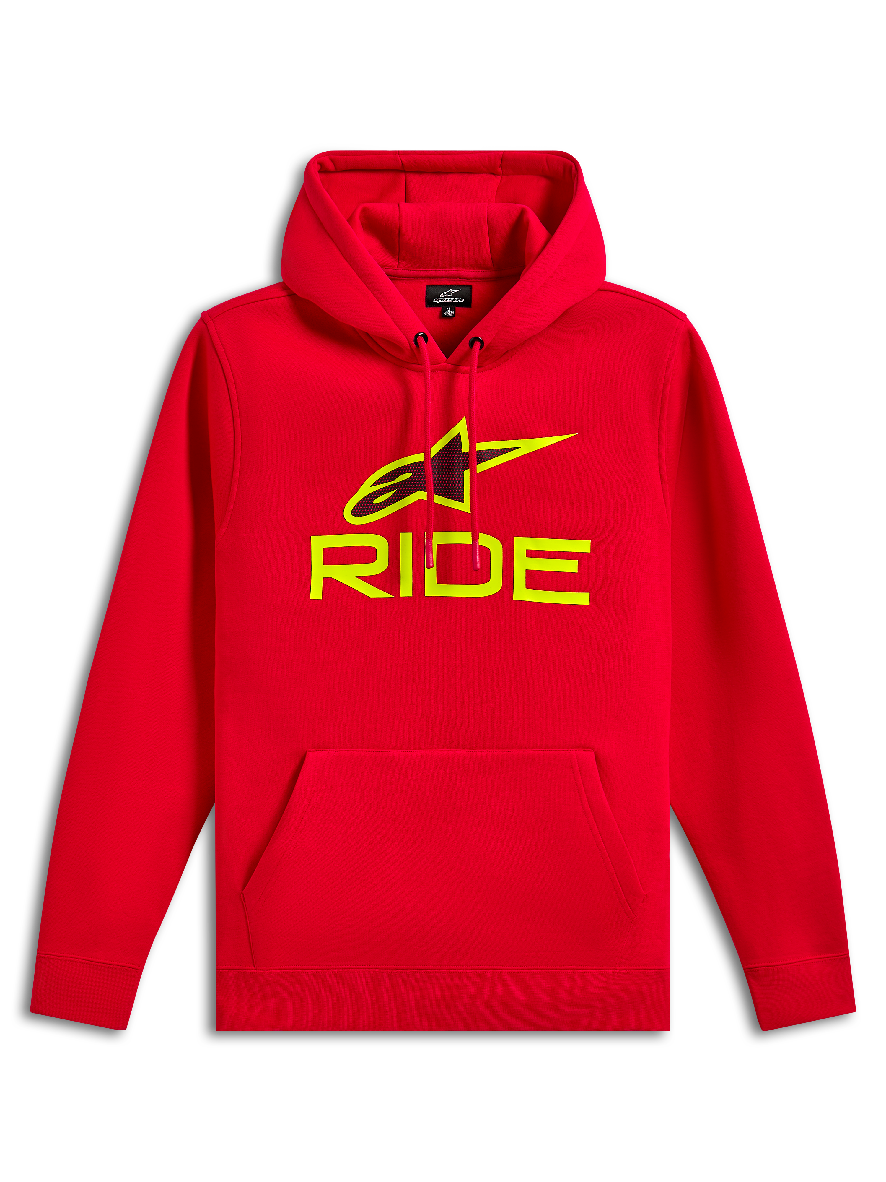 Alpinestars Ride V3 Hoodie, roter Fleece-Kapuzenpullover, neongelbes RIDE-Logo und Astars-Symbol mit schwarzem Perforationsdruck, Kapuze mit Kordelzug, Kängurutasche vorne, lässige Motorsport-Streetwear