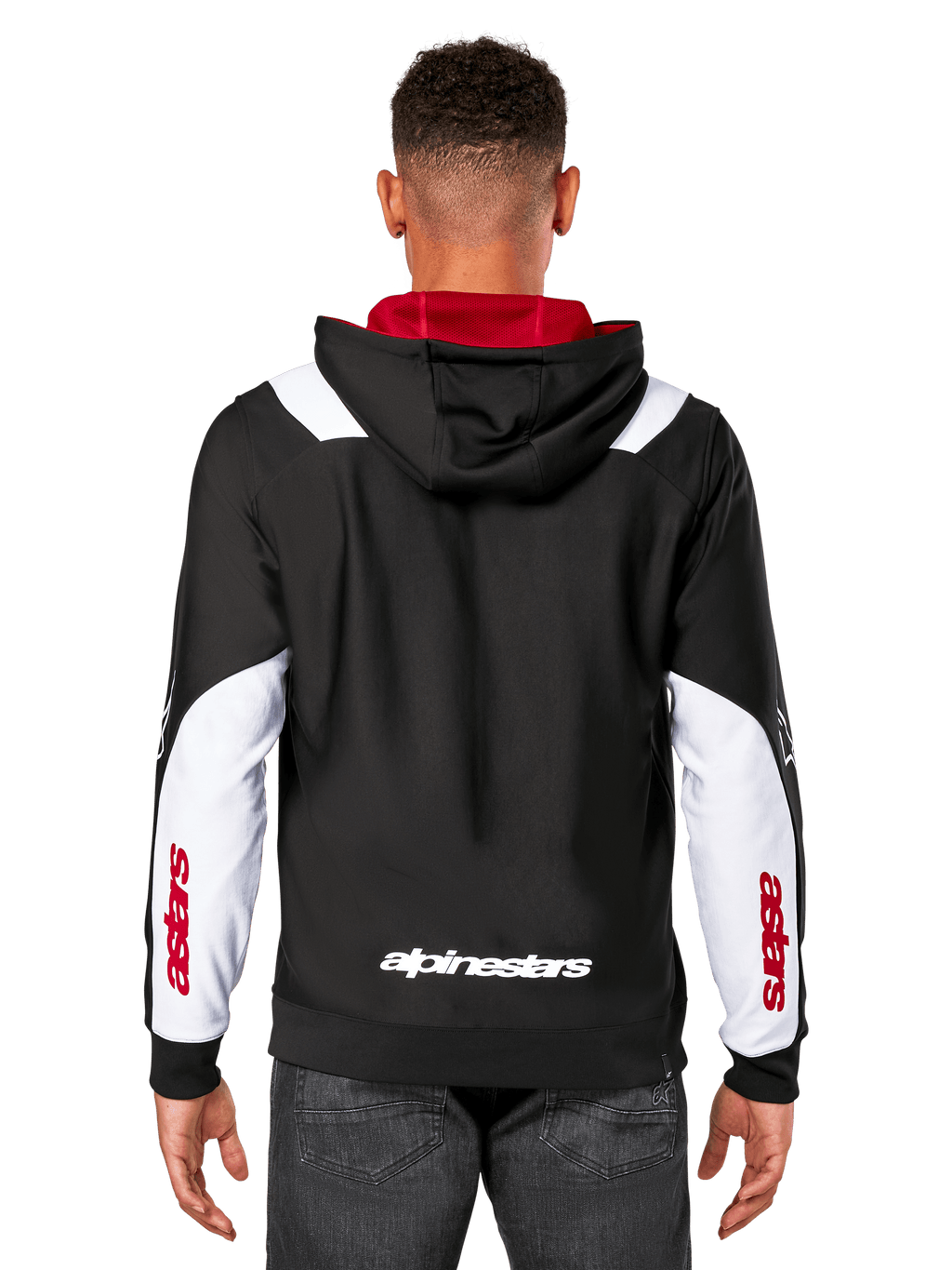 Alpinestars Sessions V3 Hoodie, Rückansicht, Schwarz mit weißen Ärmeleinsätzen und rotem Kapuzenfutter, mit weißem Schriftzug am Rücken und rotem Branding an den Ärmeln, lässige, vom Motorsport inspirierte Streetwear