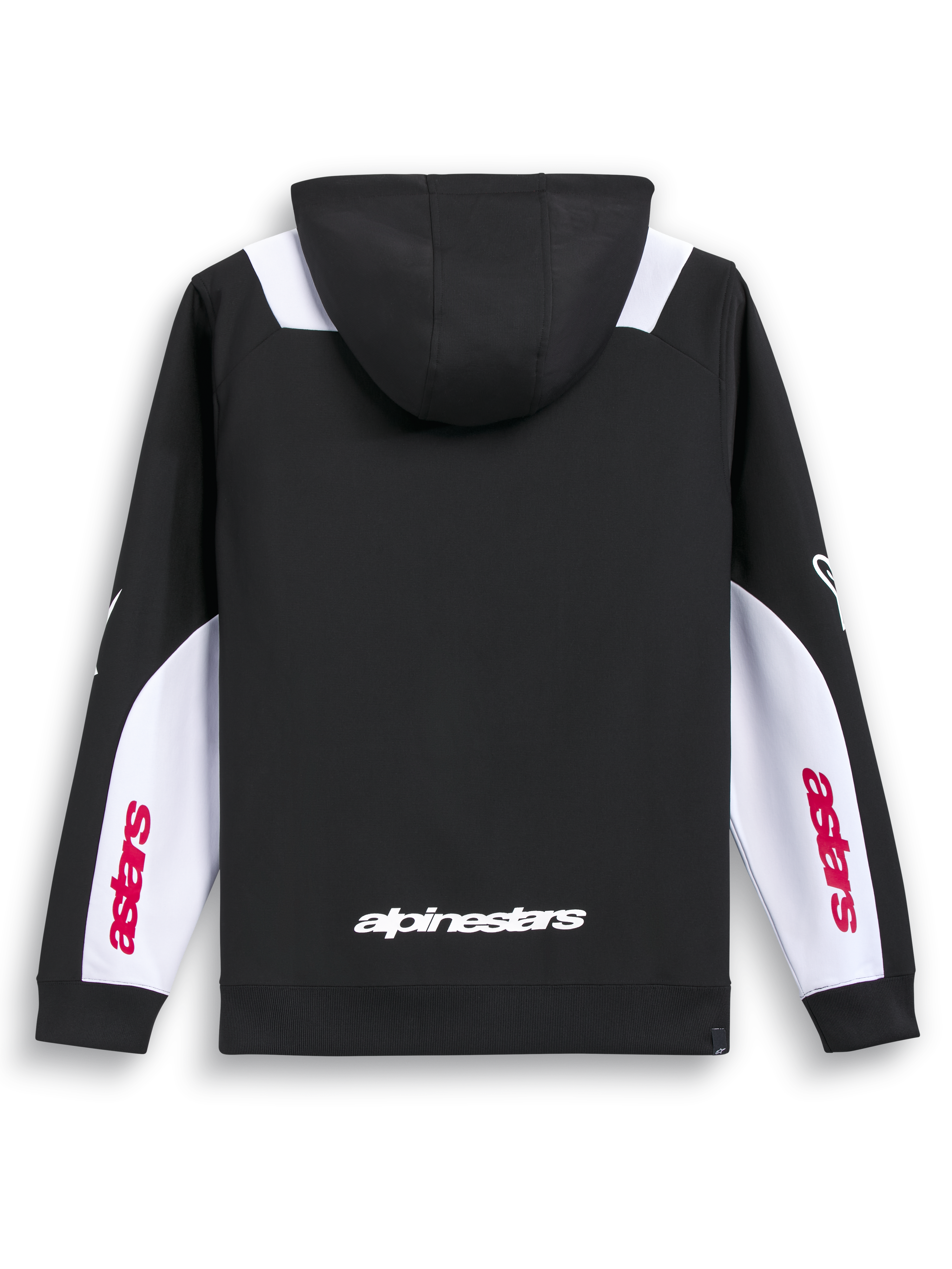 Alpinestars Sessions V3 Hoodie, Black, White and Red sportswear zip hoodie, rear view showing back wordmark print and white sleeve panels