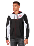 Alpinestars Sessions V3 Hoodie, Kapuzenjacke mit Reißverschluss, Schwarz mit weißen Einsätzen und roten Akzenten, mit rotem Reißverschluss, Mesh-gefütterter Kapuze und Alpinestars Stern-Logo auf der Brust, lässige vom Motorsport inspirierte Streetwear
