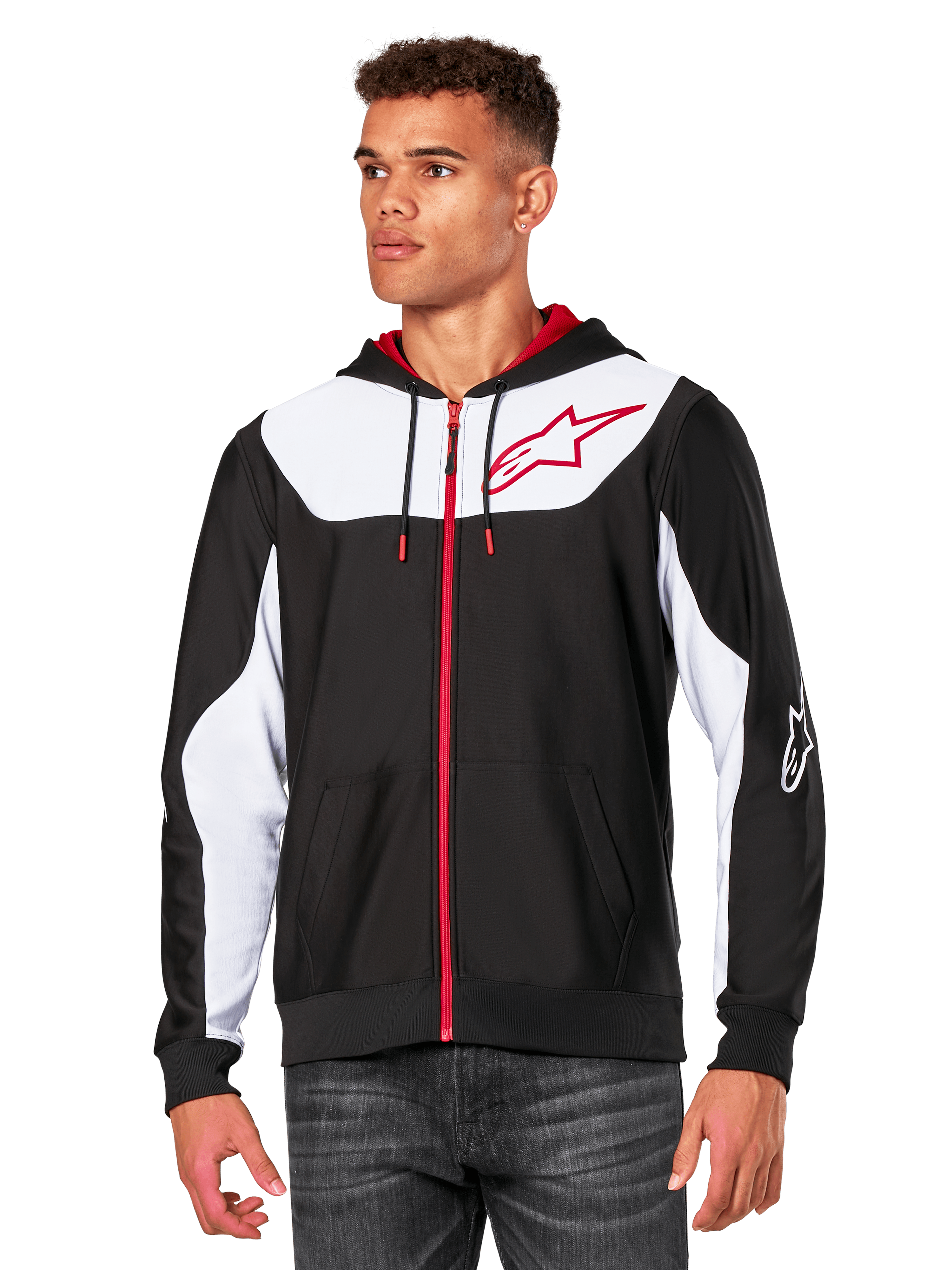Alpinestars Sessions V3 Hoodie, Kapuzenjacke mit Reißverschluss, Schwarz mit weißen Einsätzen und roten Akzenten, mit rotem Reißverschluss, Mesh-gefütterter Kapuze und Alpinestars Stern-Logo auf der Brust, lässige vom Motorsport inspirierte Streetwear