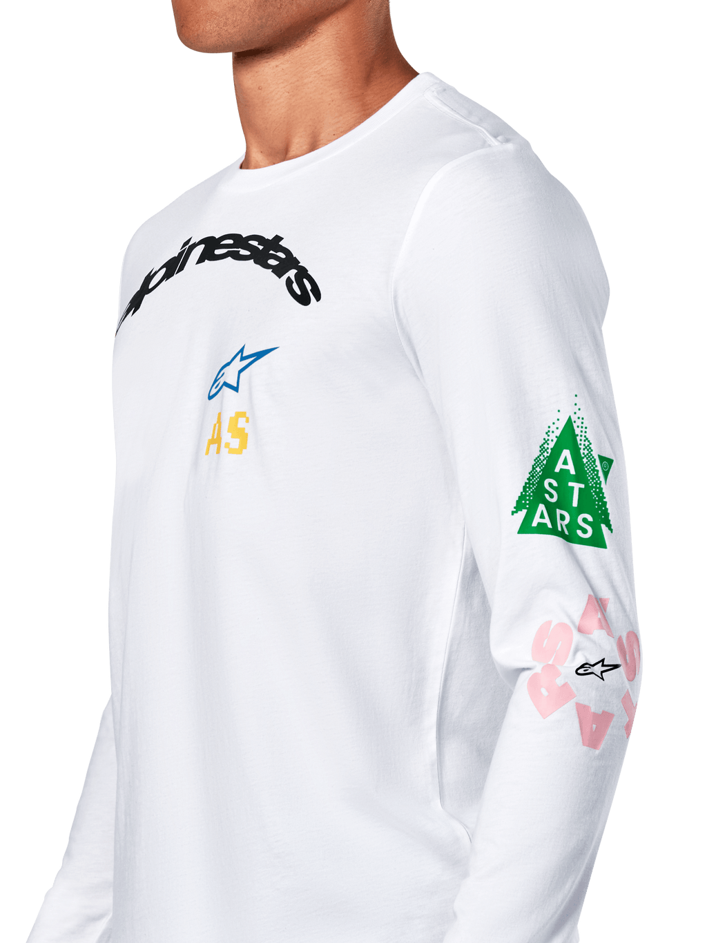 Alpinestars Brundo CSF Tee, Langarm-T-Shirt, Weiß, mit mehrfarbigen Brust- und Ärmelgrafiken, grünem Dreieck und pinken Logo-Details, lässige Motorsport-Sportbekleidung