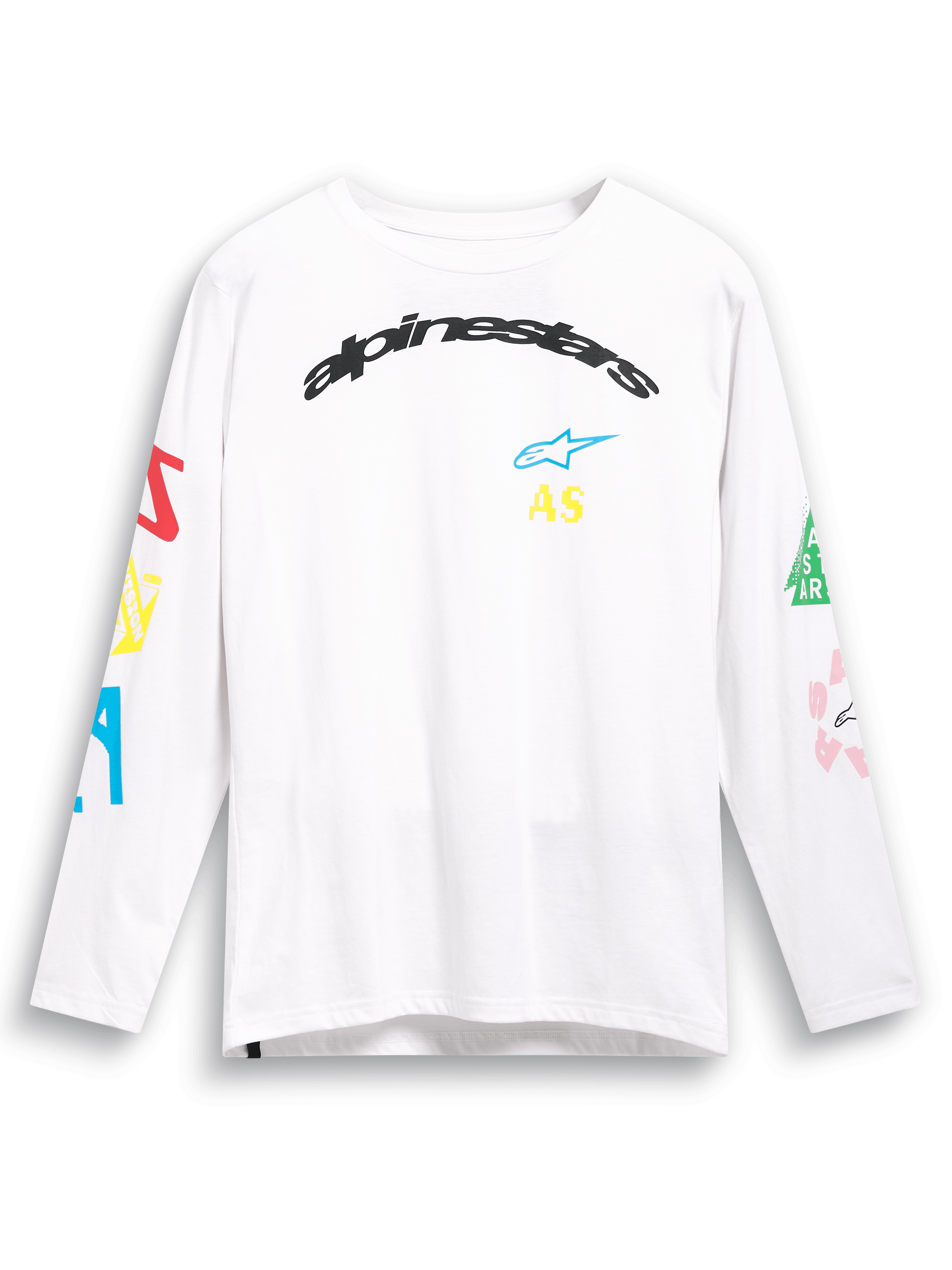 Alpinestars Brundo CSF Langarm-T-Shirt, Weiß, mit bunten Multi-Mix-Logo-Grafiken auf Brust und Ärmeln, bogenförmigem schwarzem Alpinestars-Branding, lässige Motorsport-Streetwear