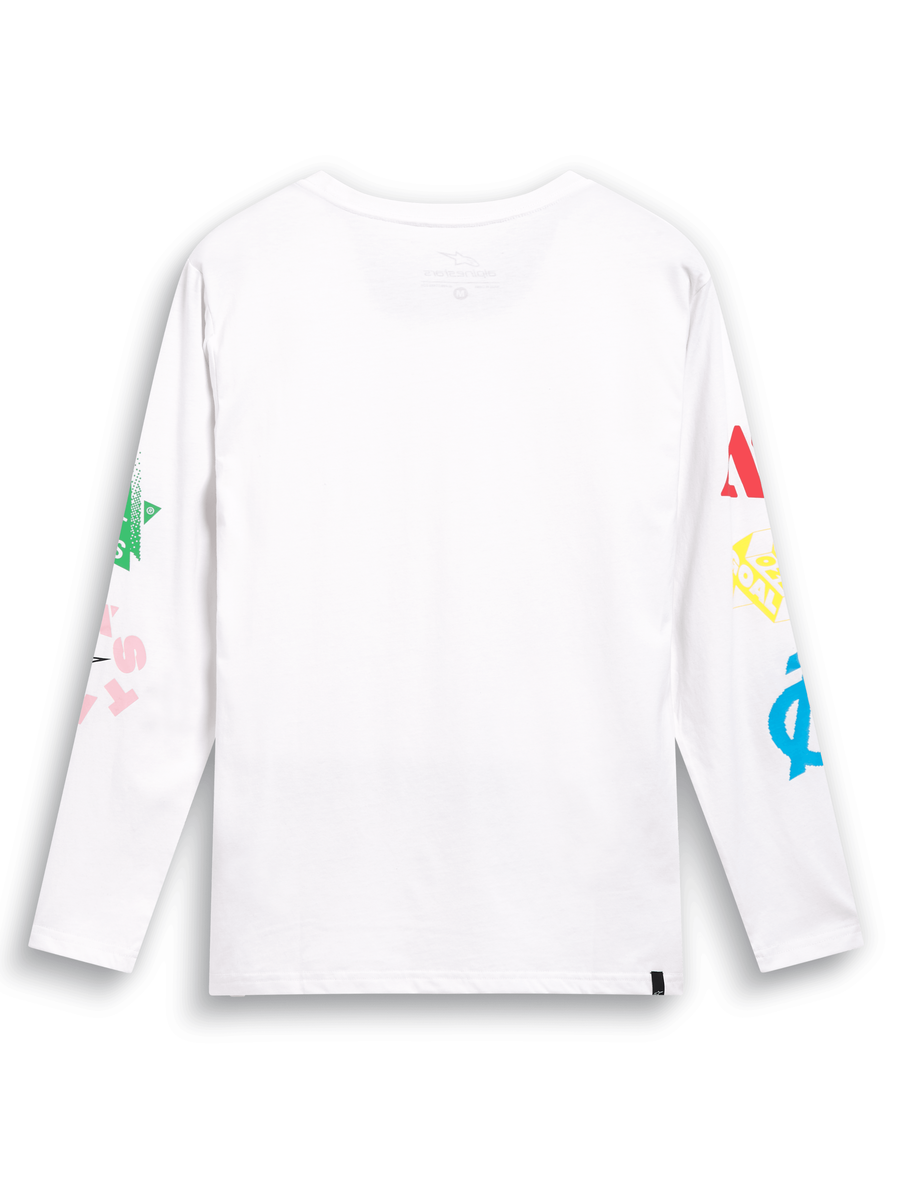 Alpinestars Brundo CSF Tee, Langarmshirt, Weiß, Rückansicht mit bunten Multi-Mix-Logografiken auf beiden Ärmeln, lässige, vom Motorsport inspirierte Streetwear