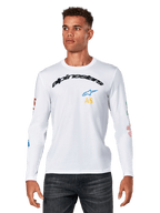 Alpinestars Brundo CSF Langarmshirt, Weiß, bogenförmiges schwarzes Alpinestars-Logo mit blauem Stern und gelben AS-Initialen, farbenfrohe Grafikdrucke auf den Ärmeln, lässige Motorsport-Streetwear für Herren