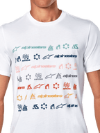 Alpinestars Glyfs CSF Tee, Short Sleeve T-Shirt, White, featuring multiple rows of colorful Alpinestars logos and symbols in a striped graphic print, casual motorsport-inspired streetwear