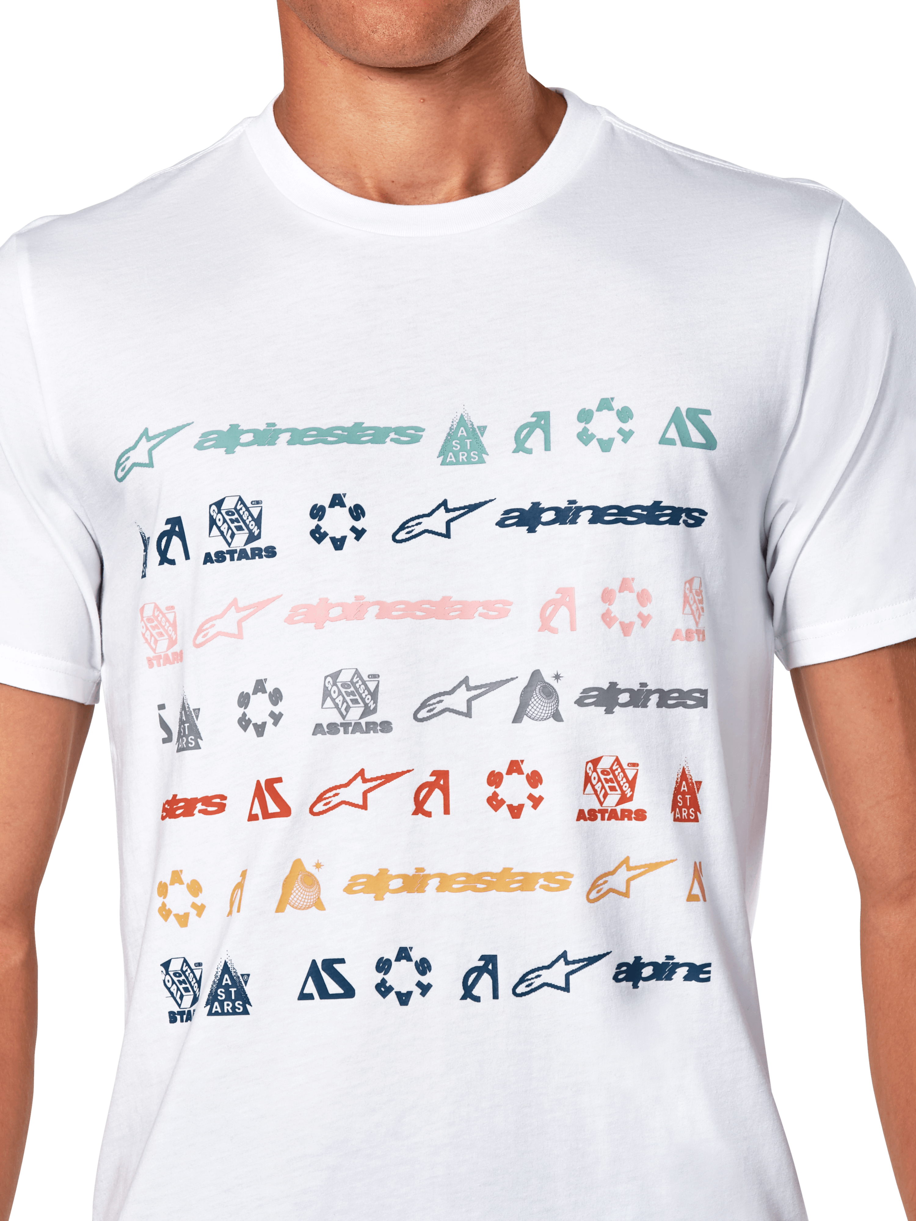 Alpinestars Glyfs CSF Tee, Short Sleeve T-Shirt, White, featuring multiple rows of colorful Alpinestars logos and symbols in a striped graphic print, casual motorsport-inspired streetwear