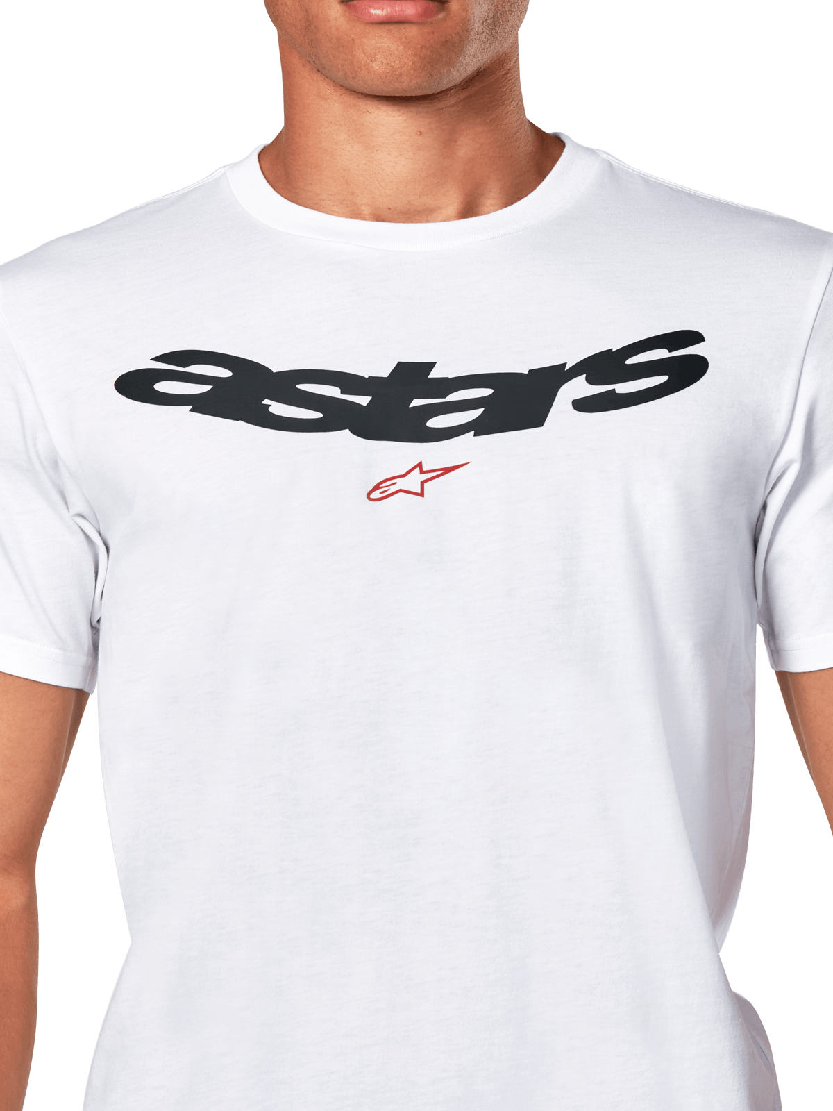 Alpinestars Elliptic CSF Tee, Kurzarm-T-Shirt, Weiß, schwarzes gebogenes Astars-Logo mit rotem Symbol auf der Brust, lässige Motorsport-Sportbekleidung