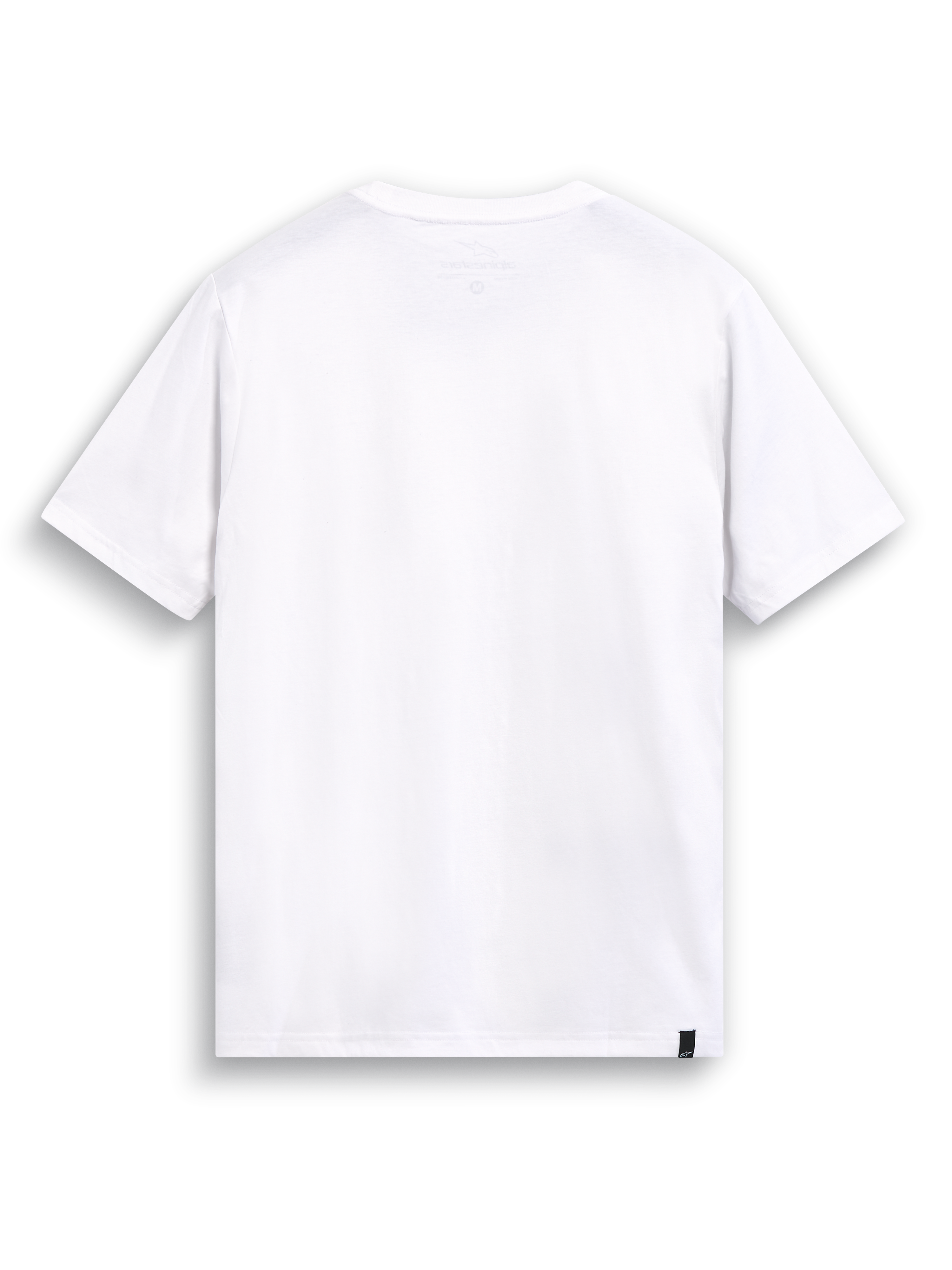 Alpinestars Elliptic CSF T-Shirt, weißes Kurzarm-Sportswear-T-Shirt, Rückansicht mit internem Nackendruck und externem Sachetikett.