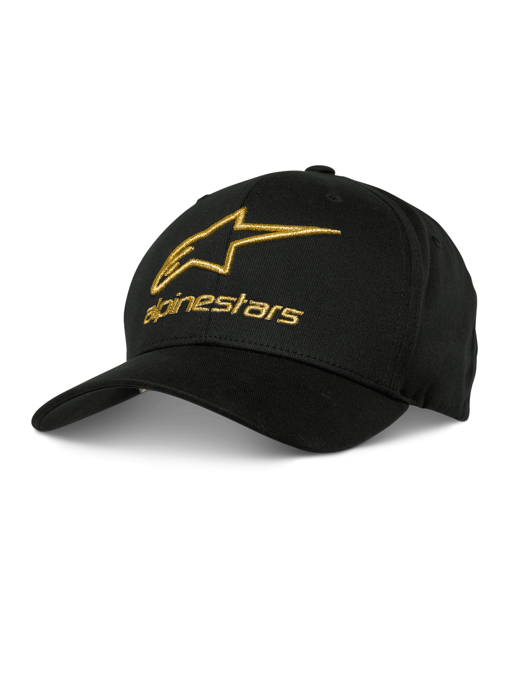 Alpinestars Gild Mütze, schwarze Baseball-Cap mit goldener metallischer 3D-Logo-Stickerei, strukturierte Krone und gebogener Schirm, lässige Motorsport-Sportbekleidung