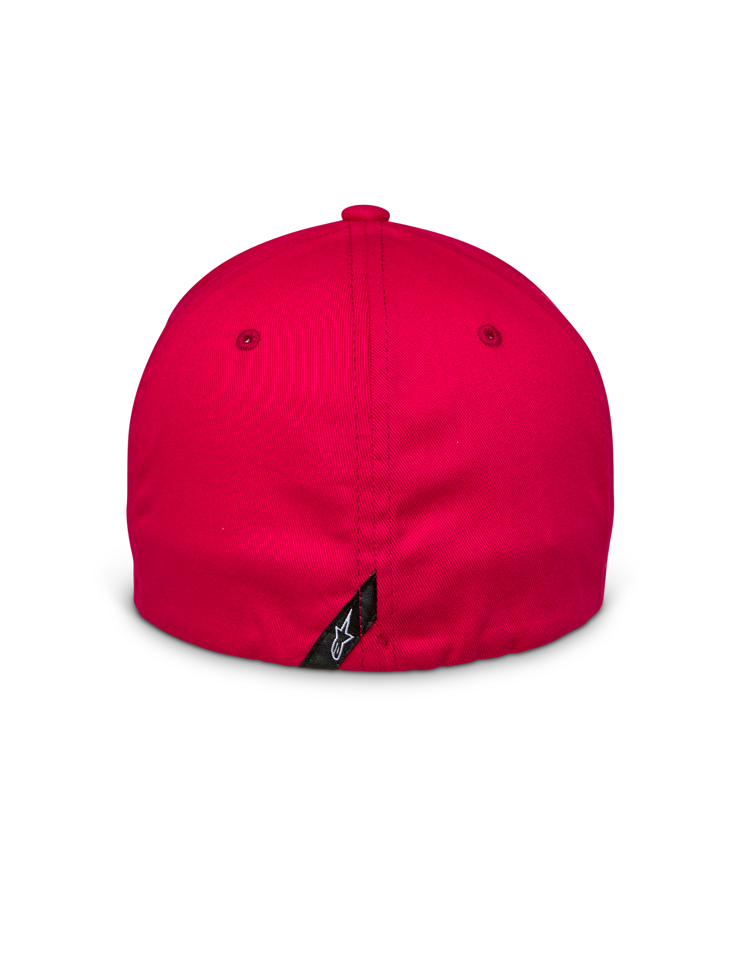 Alpinestars Arcstars Hat, Red, back view showing flex-back closure, small black tag with white Astars logo on the center seam, structured stretch twill fabric, casual motorsport headwear