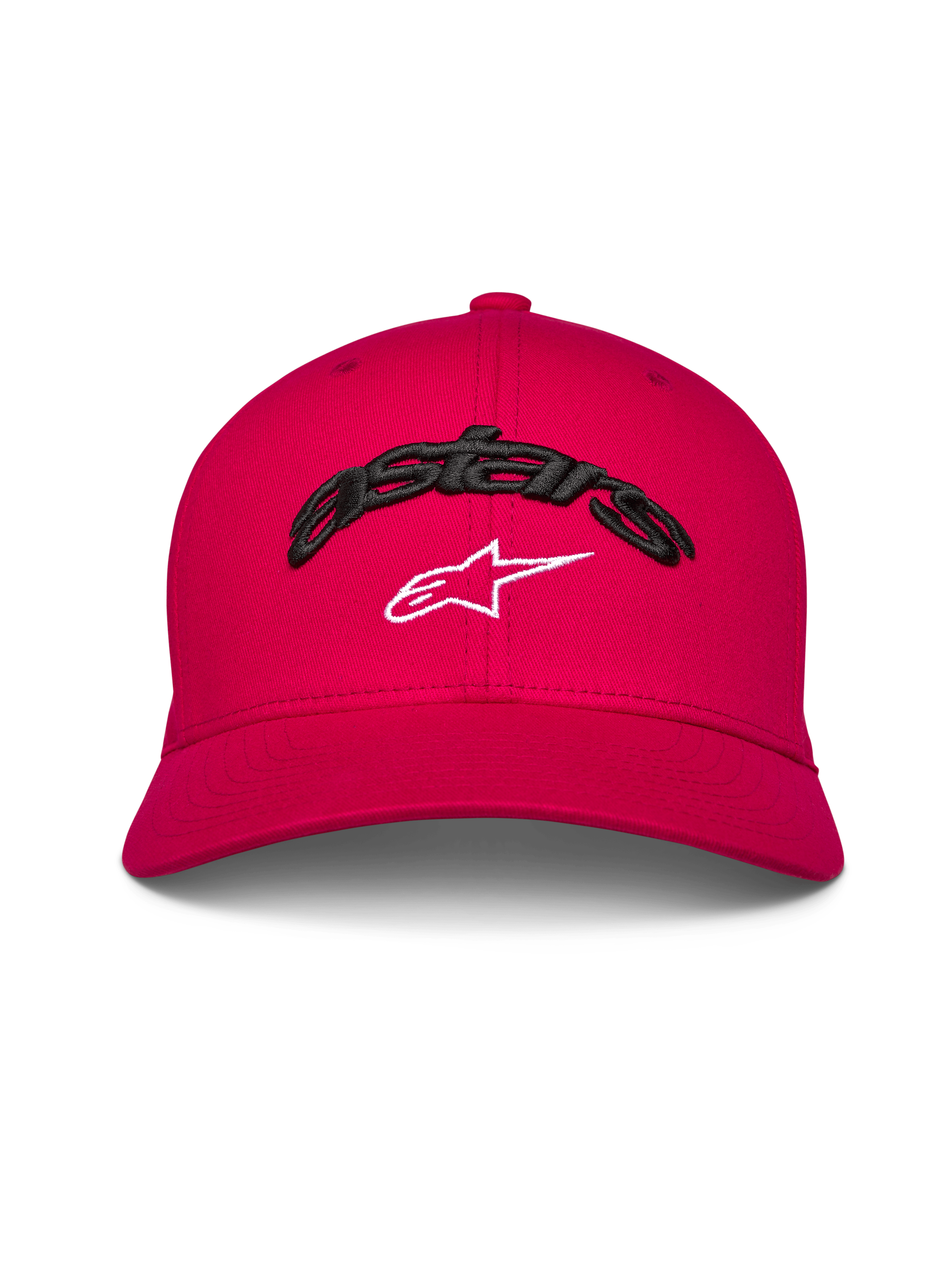 Alpinestars Arcstars Hat, curved bill baseball cap, Red, black 3D embroidered Astars text with white star logo, structured crown, casual motorsport-inspired headwear