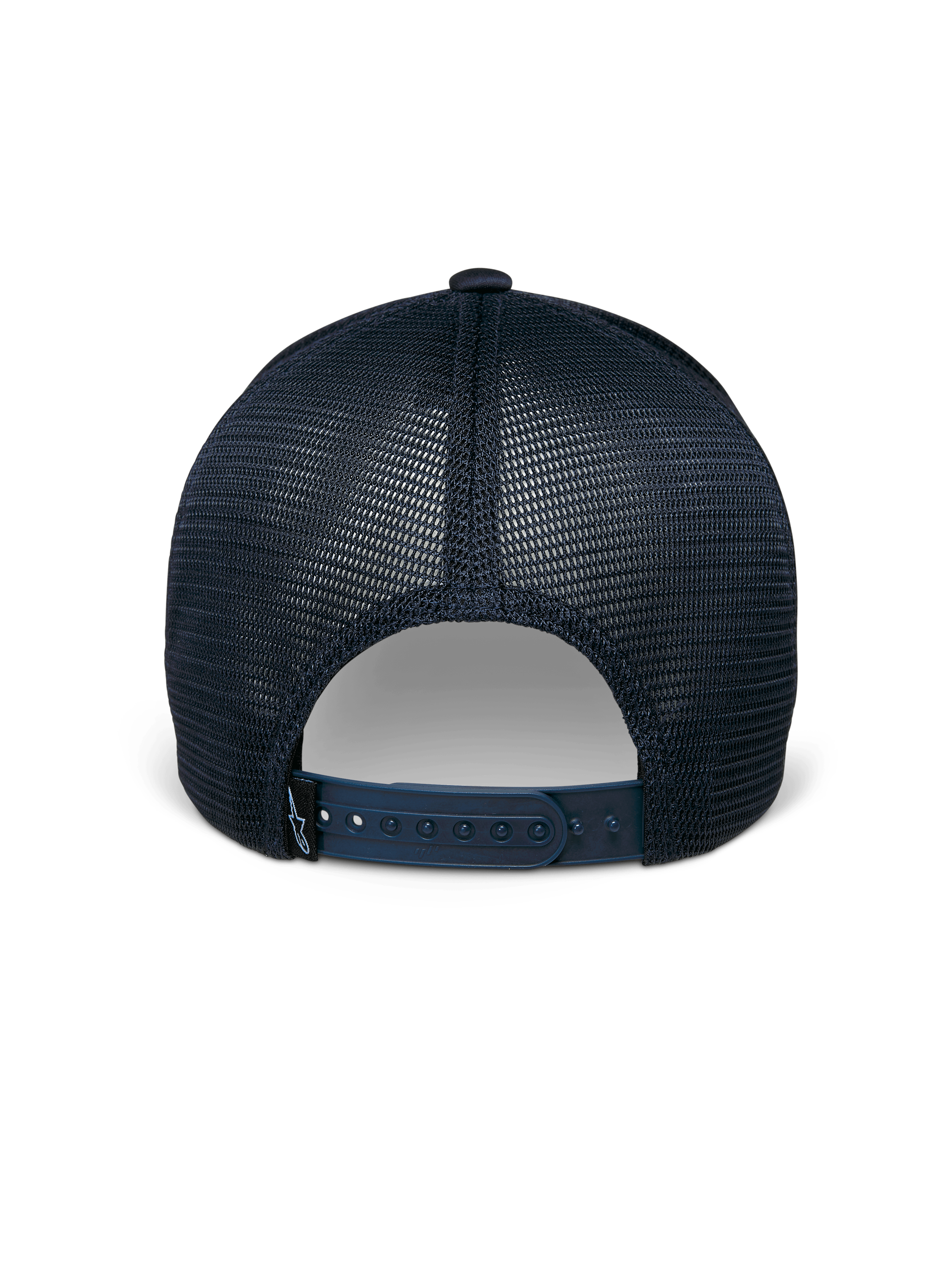 Alpinestars Delane Mütze, Marineblau, Rückansicht, mit atmungsaktiven Diamond-Mesh-Einsätzen, verstellbarem Snapback-Verschluss mit kleinem Logo-Etikett, lässige Performance-Sportbekleidung