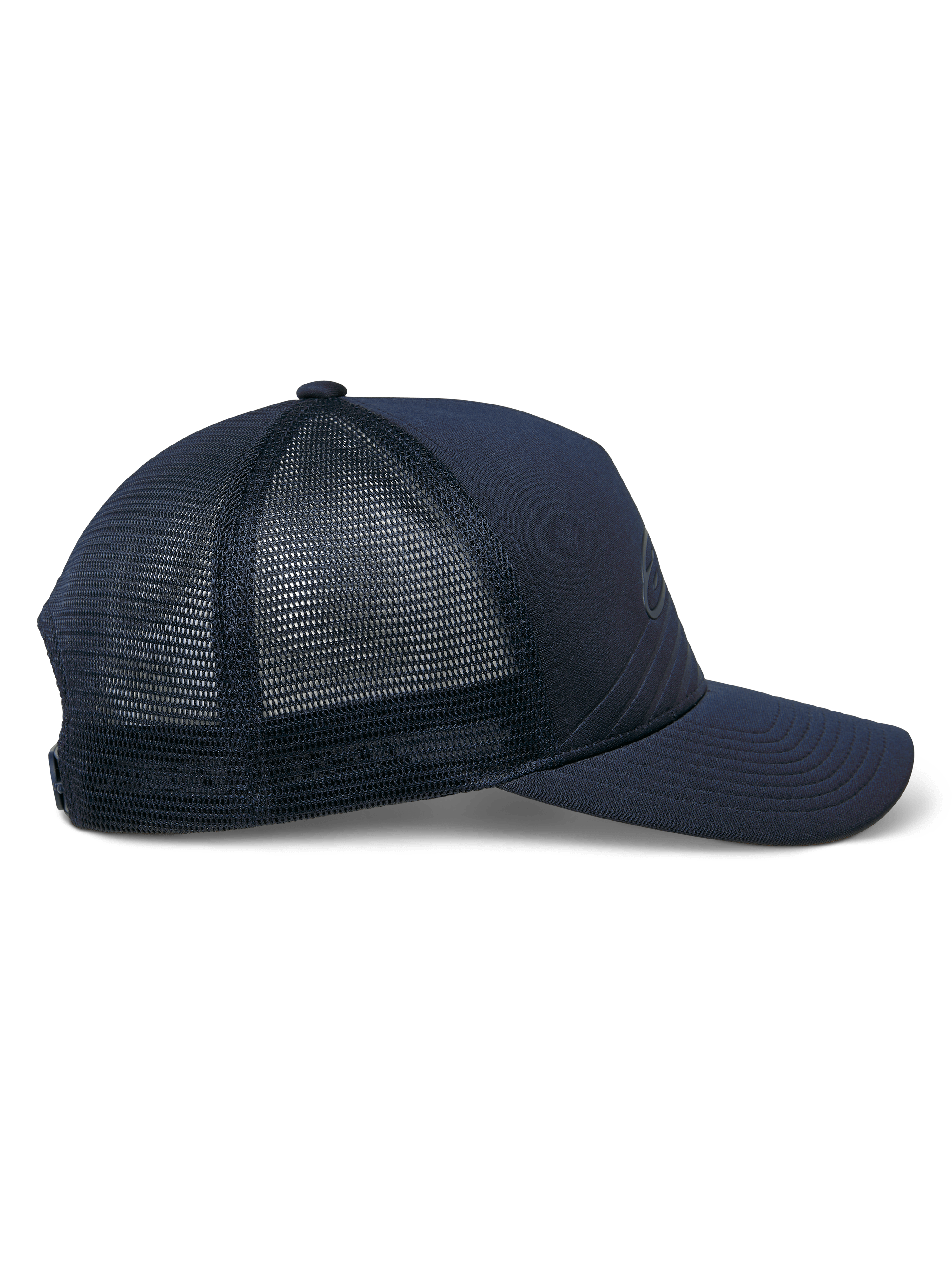 Alpinestars Delane Mütze, Sportswear-Mütze, Marineblau, Seitenansicht mit Diamond-Mesh auf der Rückseite und Jersey-Vorderseite, gebogener Schirm, strukturierte Krone