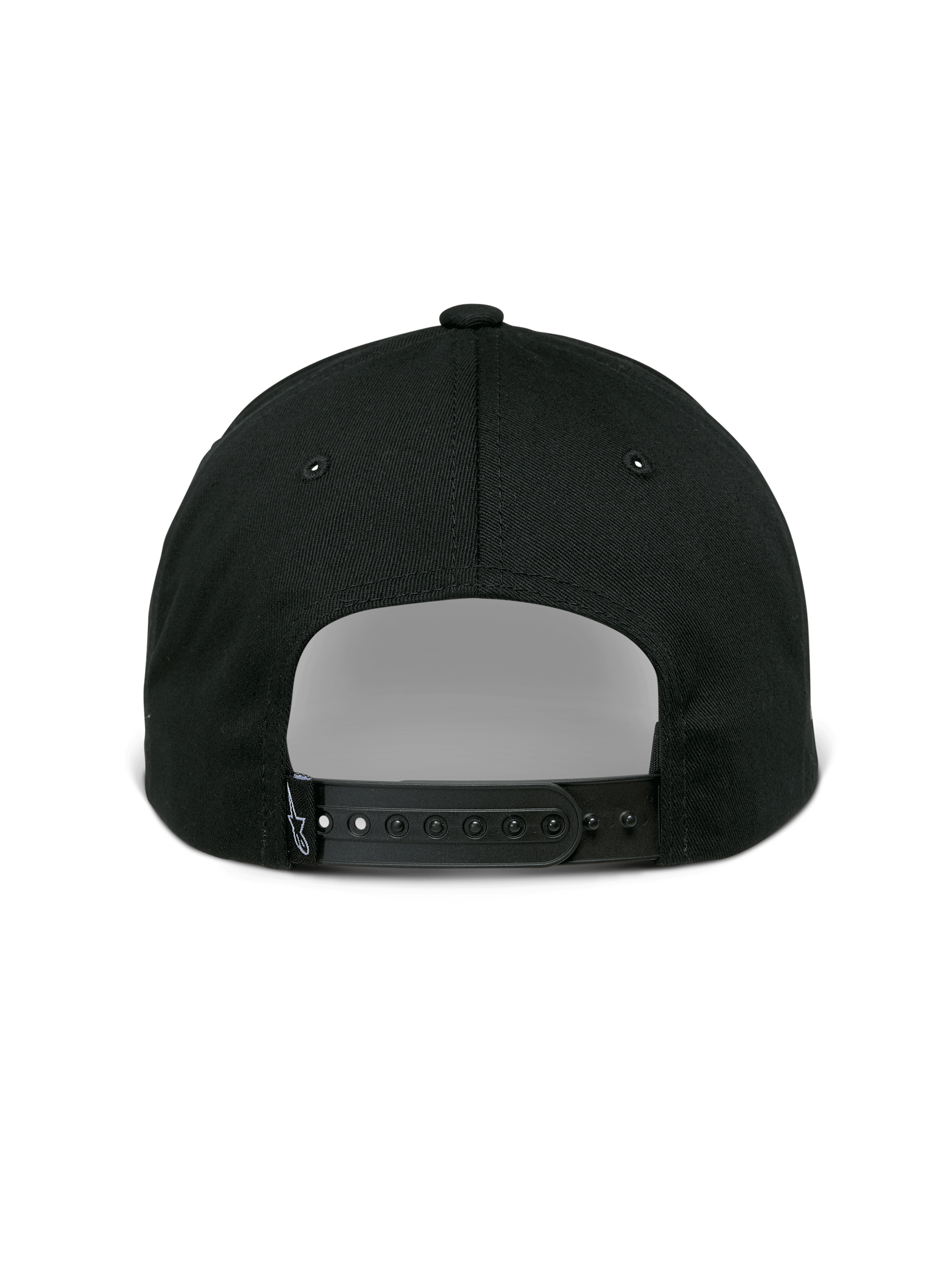 Alpinestars Sessionized Hat, Snapback Cap, Black, rear view featuring adjustable strap and small logo label, cotton twill, casual motorsport-inspired headwear
