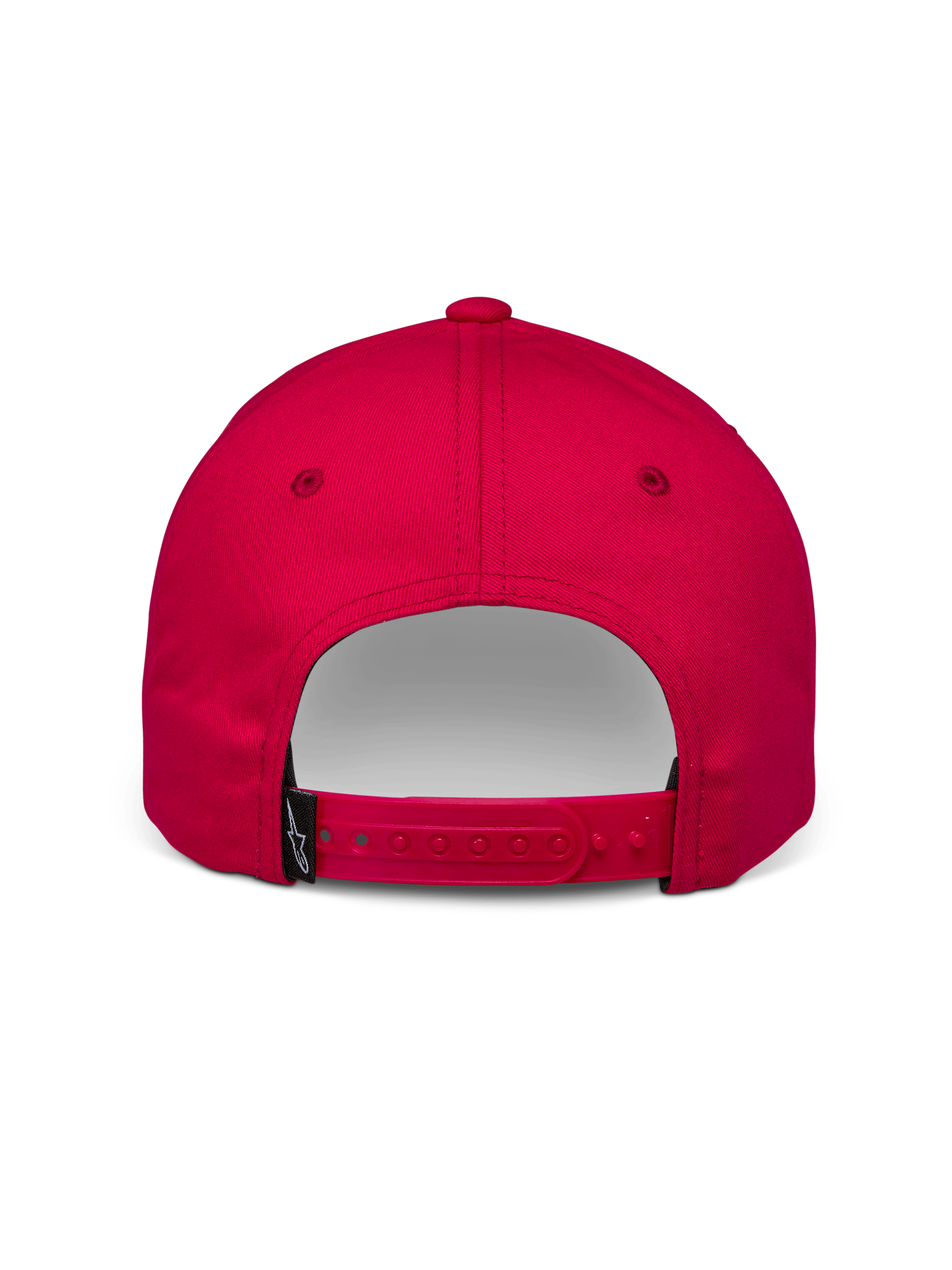 Alpinestars Profile Mütze, rote Snapback-Kappe, Rückansicht mit verstellbarem Verschluss und kleinem schwarzen Alpinestars-Logo-Etikett, Baumwoll-Twill, lässiges Motorsport-Accessoire