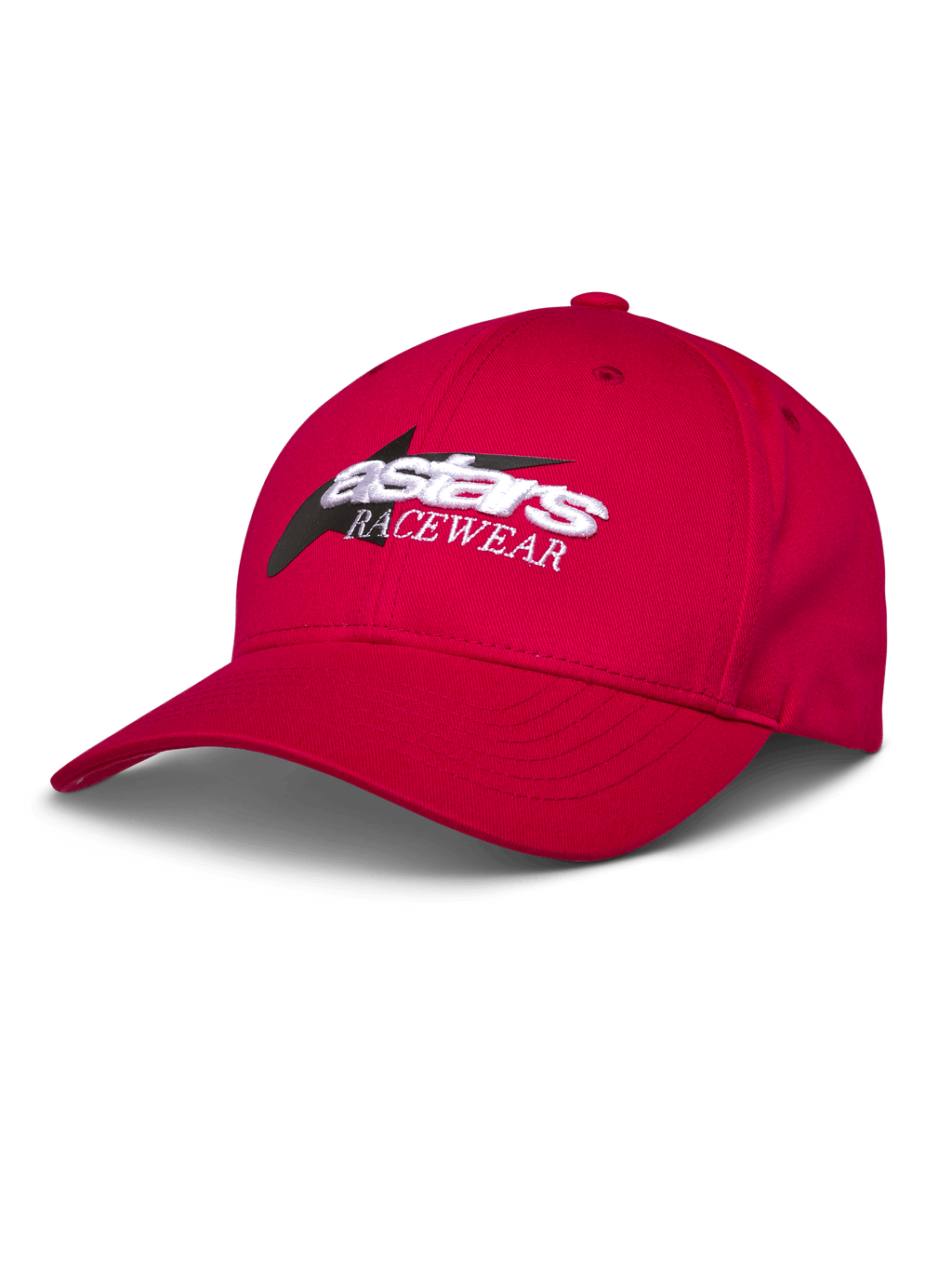 Alpinestars Profile Hat, rote Baseballkappe, weiß und schwarz gesticktes Astars RACEWEAR-Logo, gebogener Schirm und strukturierte Krone, lässige Motorsport-Streetwear