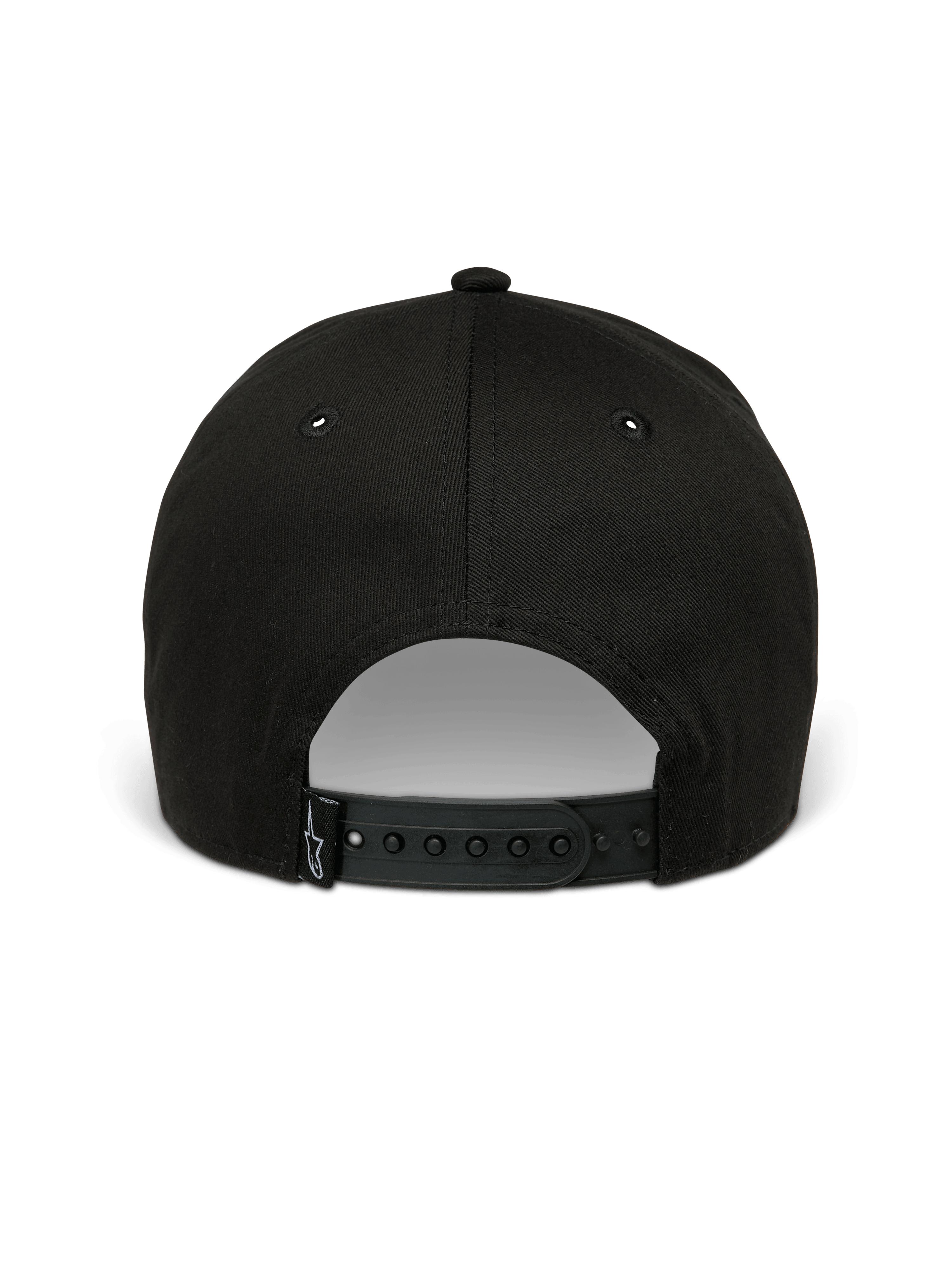 Alpinestars Metal Logo Mütze, Snapback-Mütze, Schwarz, Rückansicht mit verstellbarem Snapback-Verschluss und kleinem gewebten Logo-Etikett, lässige vom Motorsport inspirierte Streetwear