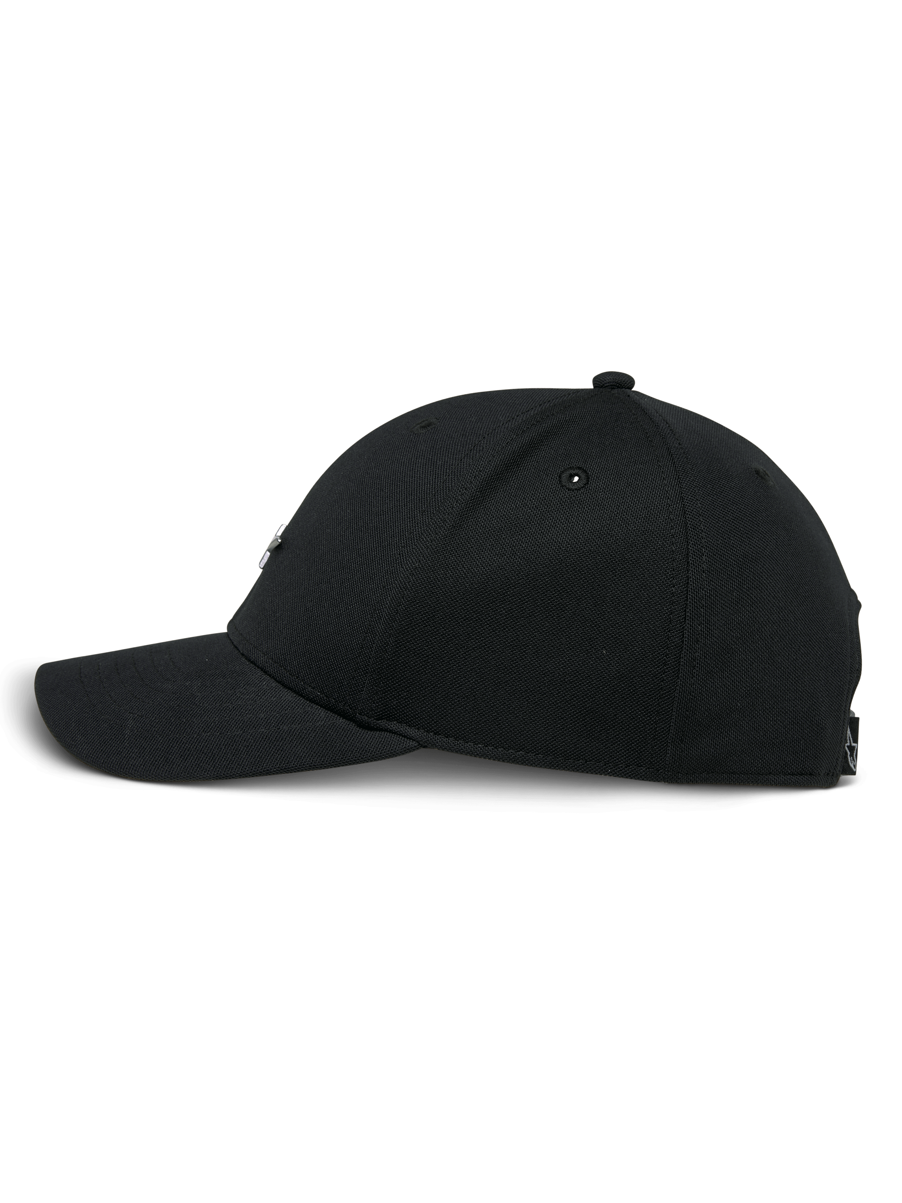 Alpinestars Metal Logo Hat, schwarze Snapback-Kappe, Seitenansicht, gebogener Schirm mit strukturierter Krone, Mini-Piqué-Stoff, lässige vom Motorsport inspirierte Streetwear
