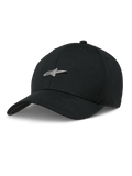 Alpinestars Metal Logo Cap, schwarze Baseball-Cap, silbernes 3D-Metall-Stern-Logo, gebogener Schirm, strukturierte Krone, lässiger Motorsport-Stil