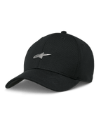 Alpinestars Metal Logo Cap, schwarze Baseball-Cap, silbernes 3D-Metall-Stern-Logo, gebogener Schirm, strukturierte Krone, lässiger Motorsport-Stil