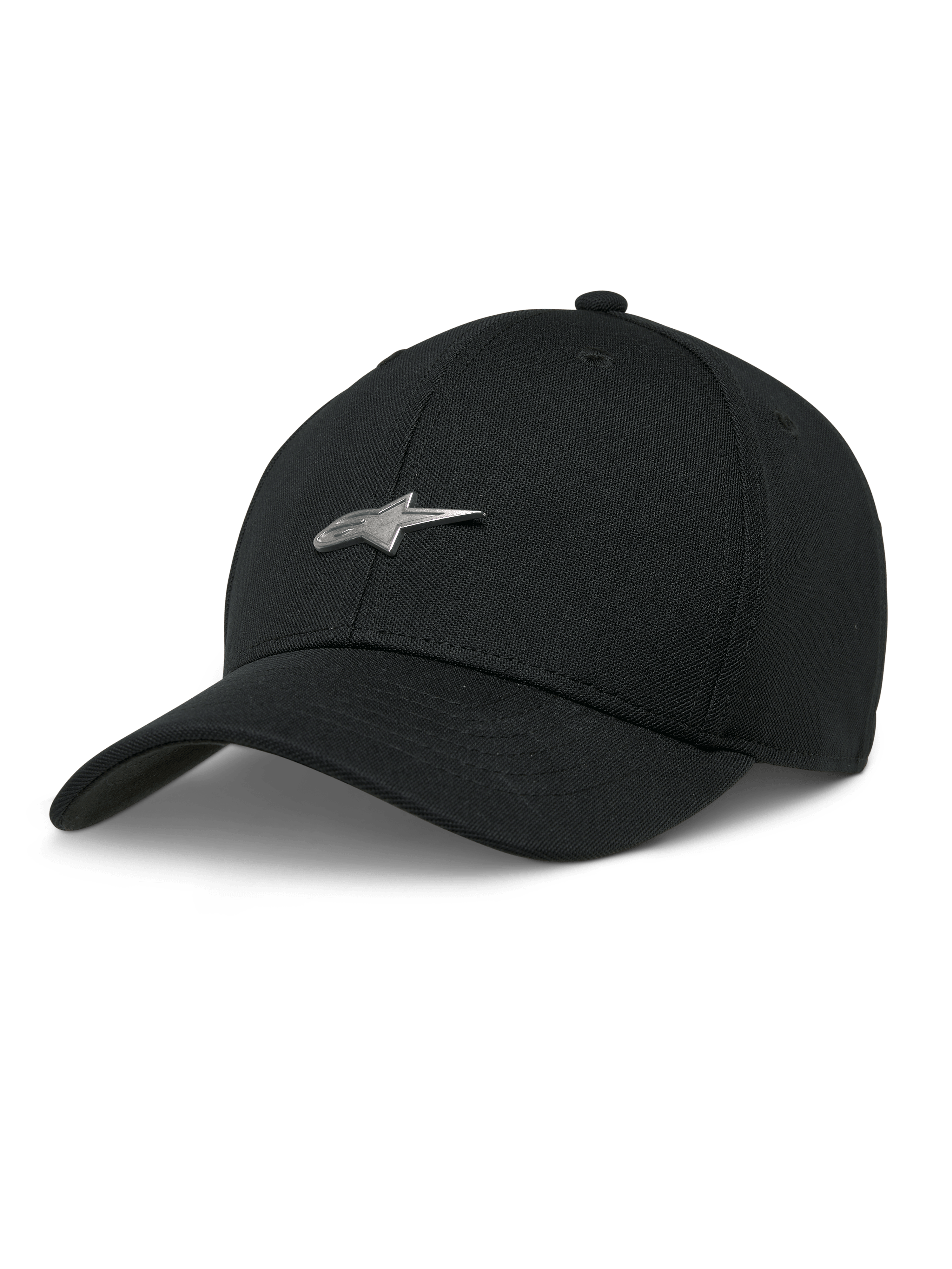 Alpinestars Metal Logo Cap, schwarze Baseball-Cap, silbernes 3D-Metall-Stern-Logo, gebogener Schirm, strukturierte Krone, lässiger Motorsport-Stil