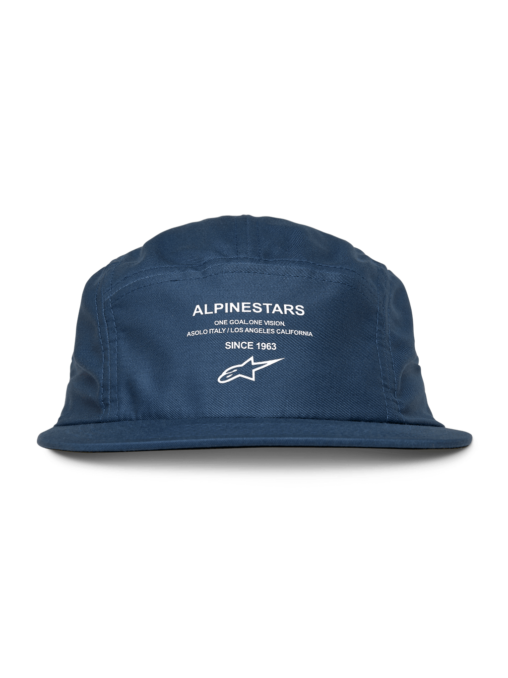 Alpinestars Peasy Hat, 5-panel jockey hat, Blue, flat bill with unstructured crown, white front graphic with logo and 'Since 1963' text, casual motorsport-inspired headwear