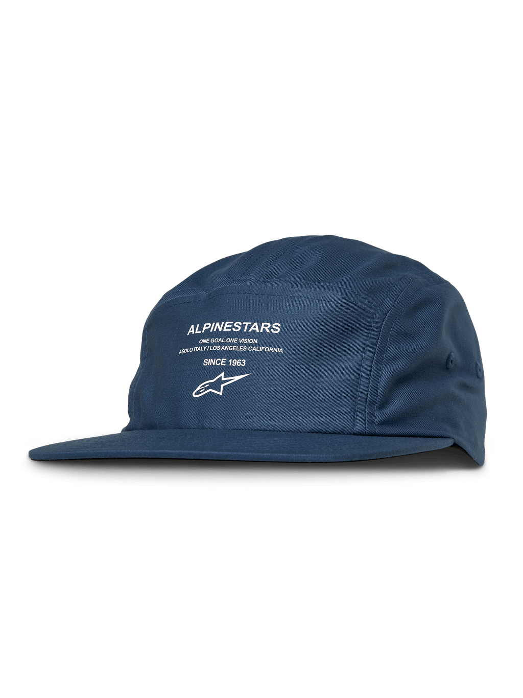 Alpinestars Peasy Hat, 5-panel Jockey Hat, Blue, White Graphic Print with Logo and Text, Flat Bill, Unstructured Crown, Casual Motorsport Streetwear