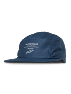 Alpinestars Peasy Hat, 5-panel Jockey Hat, Blue, White Graphic Print with Logo and Text, Flat Bill, Unstructured Crown, Casual Motorsport Streetwear