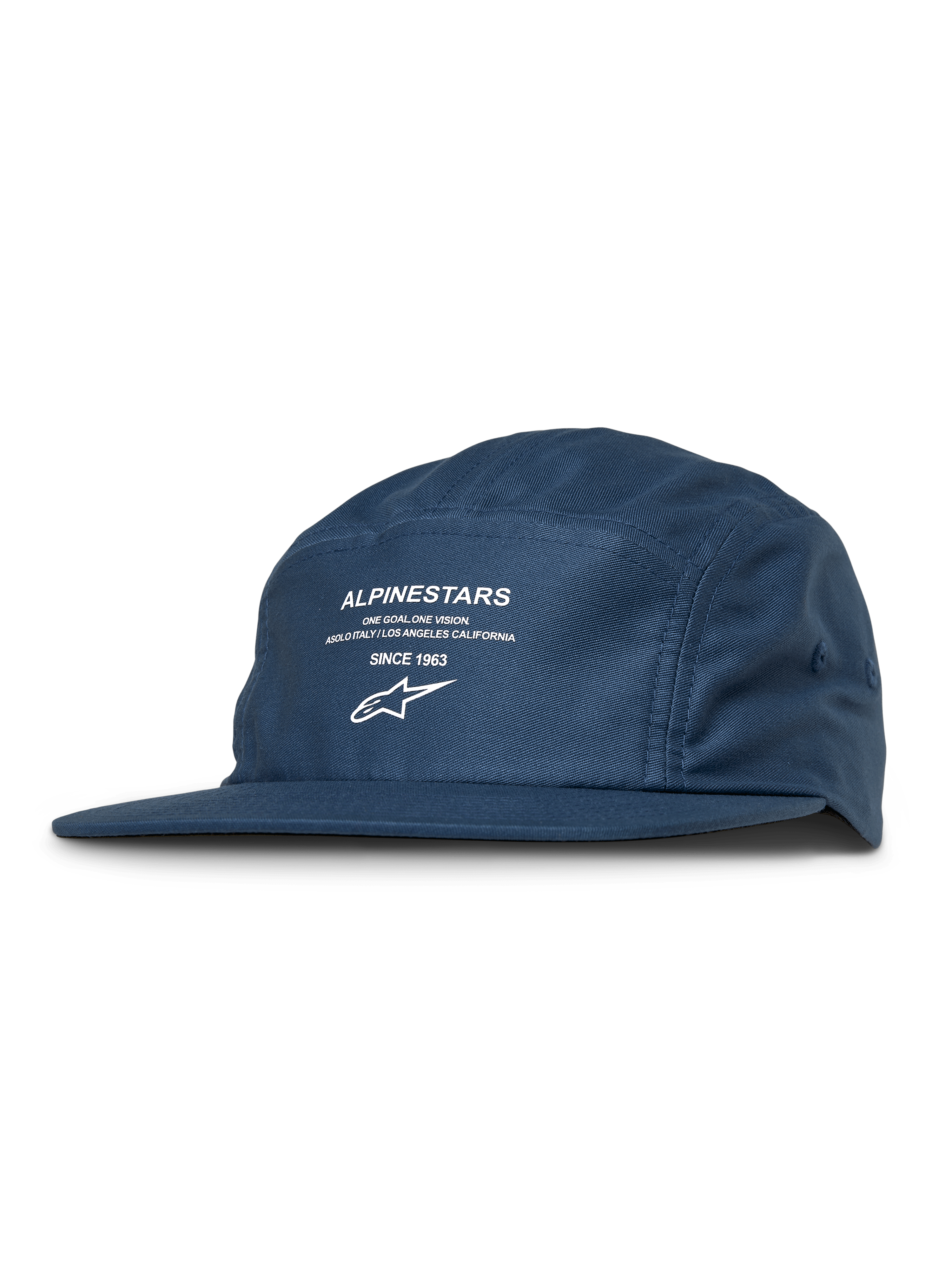 Alpinestars Peasy Hat, 5-panel Jockey Hat, Blue, White Graphic Print with Logo and Text, Flat Bill, Unstructured Crown, Casual Motorsport Streetwear