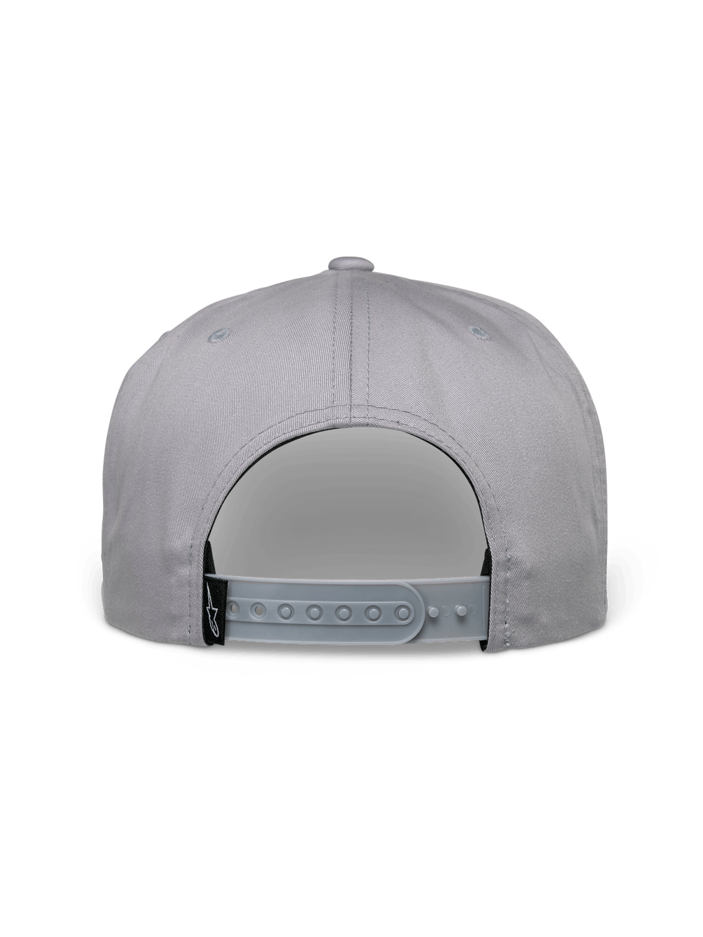 Alpinestars Glphy Mütze, Snapback-Kappe, Grau, Rückansicht mit verstellbarem Snapback-Verschluss, schwarzes gewebtes Logo-Etikett, strukturiertes Kronendesign für lässige Streetwear