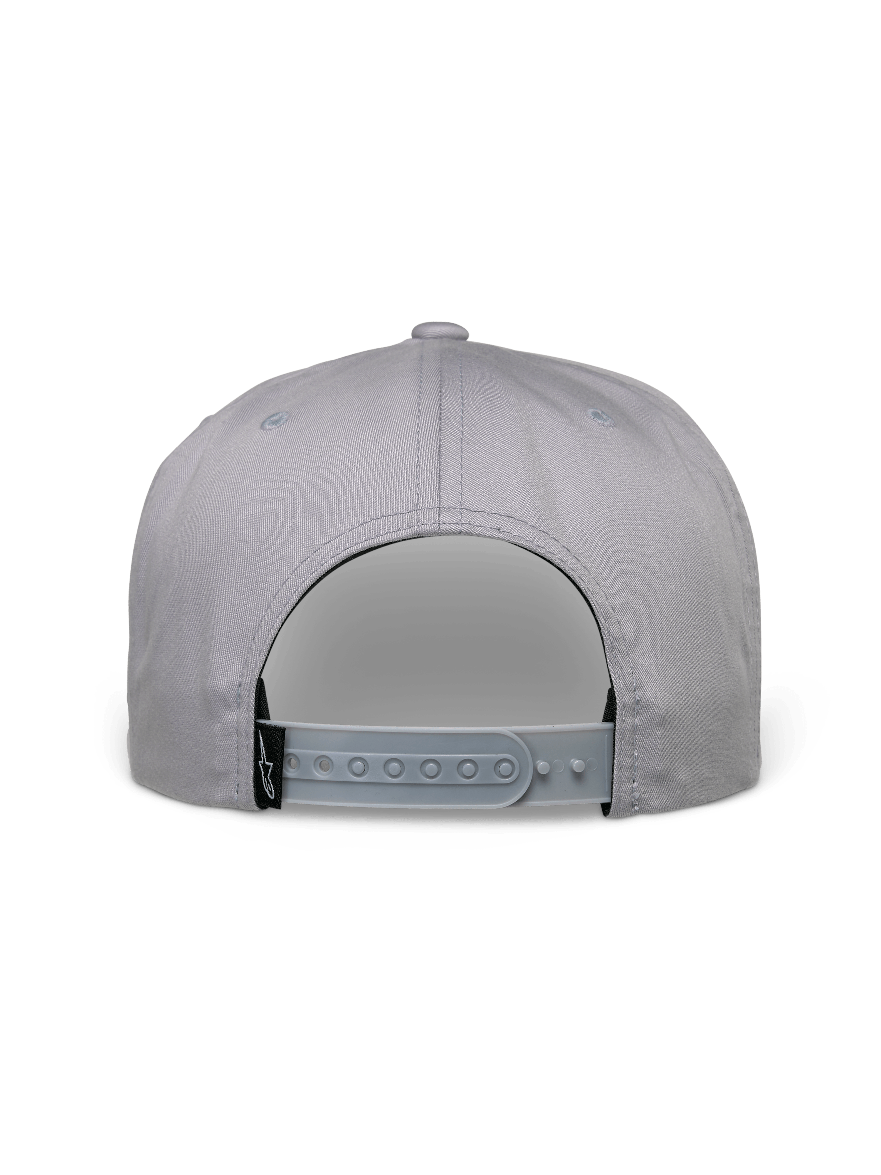 Alpinestars Glphy Mütze, Snapback-Kappe, Grau, Rückansicht mit verstellbarem Snapback-Verschluss, schwarzes gewebtes Logo-Etikett, strukturiertes Kronendesign für lässige Streetwear