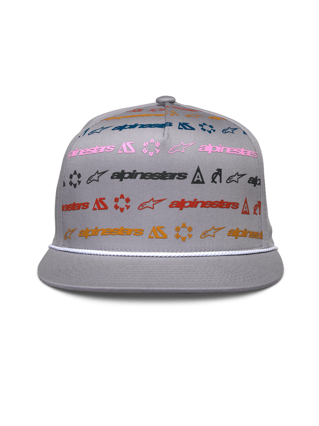 Alpinestars Glphy Mütze, graue Snapback mit flachem Schirm, strukturierte Krone mit mehrfarbigem horizontalem Logodruck, weiße Seilverzierung am Schirm, lässige vom Motorsport inspirierte Kopfbedeckung
