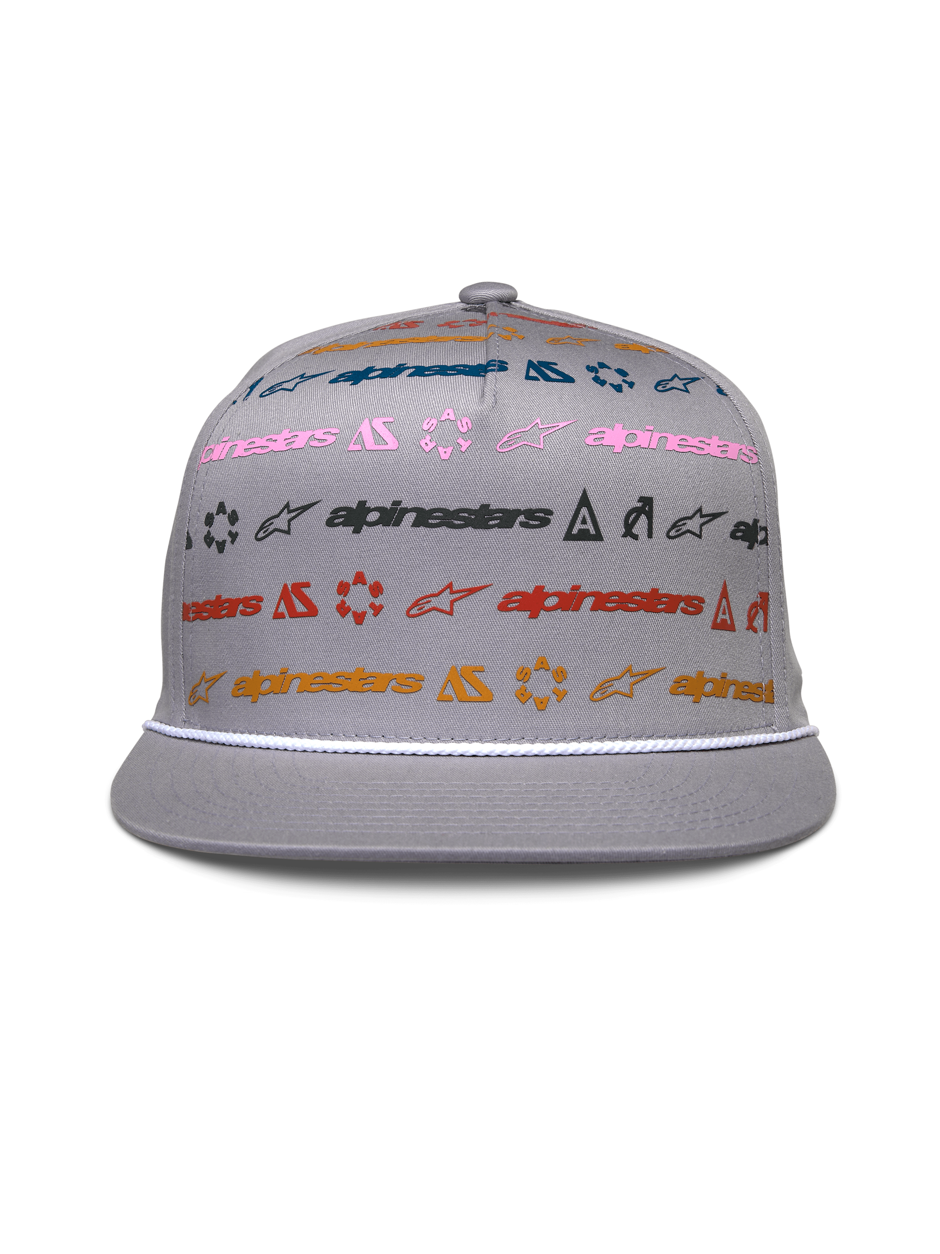 Alpinestars Glphy Mütze, graue Snapback mit flachem Schirm, strukturierte Krone mit mehrfarbigem horizontalem Logodruck, weiße Seilverzierung am Schirm, lässige vom Motorsport inspirierte Kopfbedeckung
