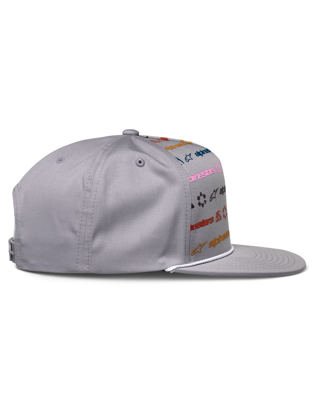 Alpinestars Glphy Mütze, Grau, Snapback mit flachem Schirm und mehrfarbigem Logo-Druck, weiße Seilverzierung am Schirm, strukturierte Krone, lässige vom Motorsport inspirierte Kopfbedeckung