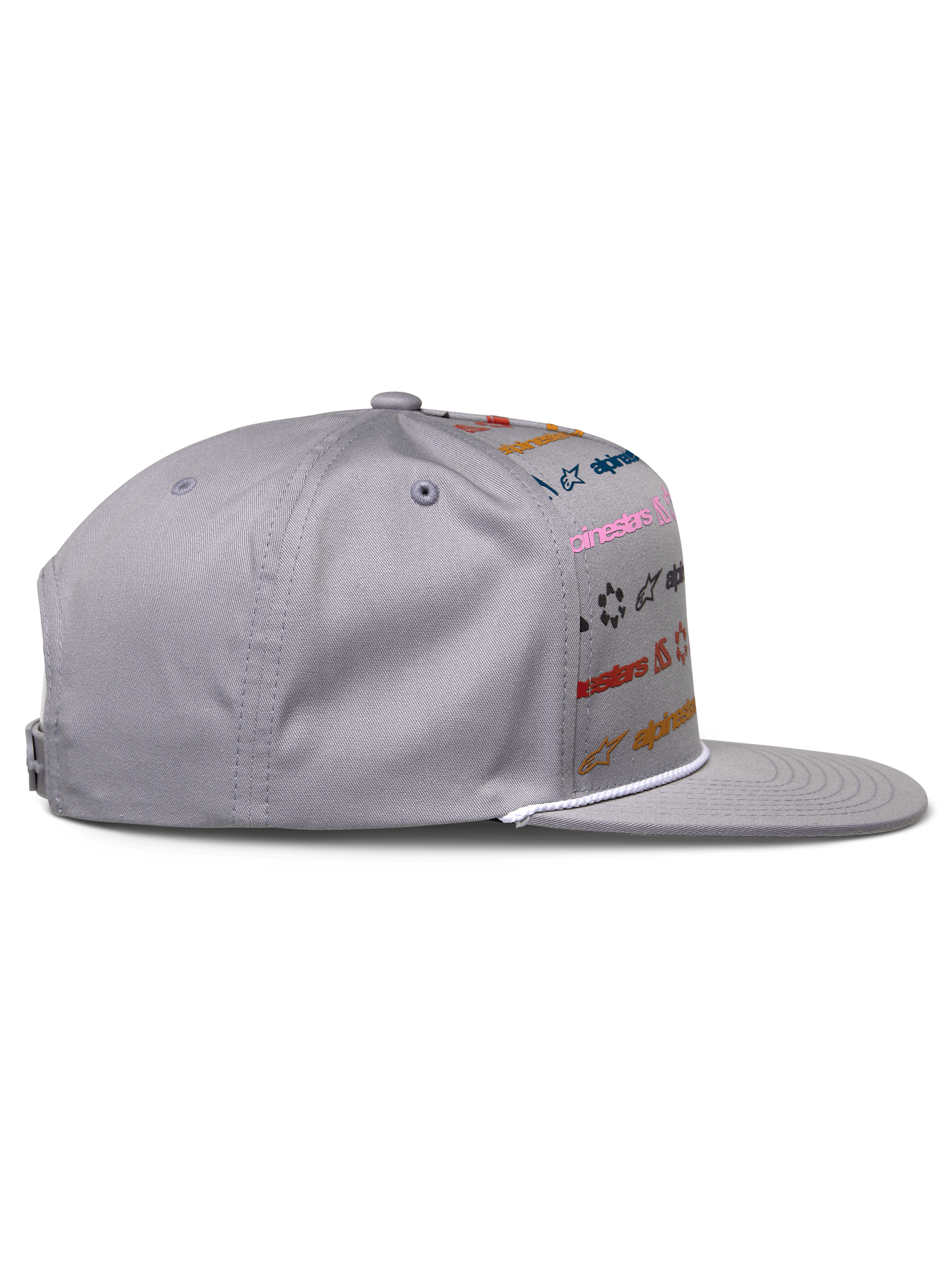Alpinestars Glphy Mütze, Grau, Snapback mit flachem Schirm und mehrfarbigem Logo-Druck, weiße Seilverzierung am Schirm, strukturierte Krone, lässige vom Motorsport inspirierte Kopfbedeckung