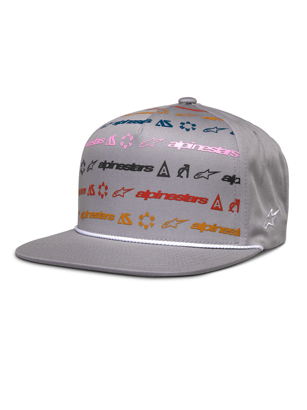 Alpinestars Glphy Hat, graue Snapback-Kappe mit flachem Schirm, farbenfrohes Multi-Logo-Print-Design in Pink, Blau, Rot und Orange, weiße Seilverzierung über dem Schirm, strukturierte Krone mit besticktem Stern-Logo an der Seite