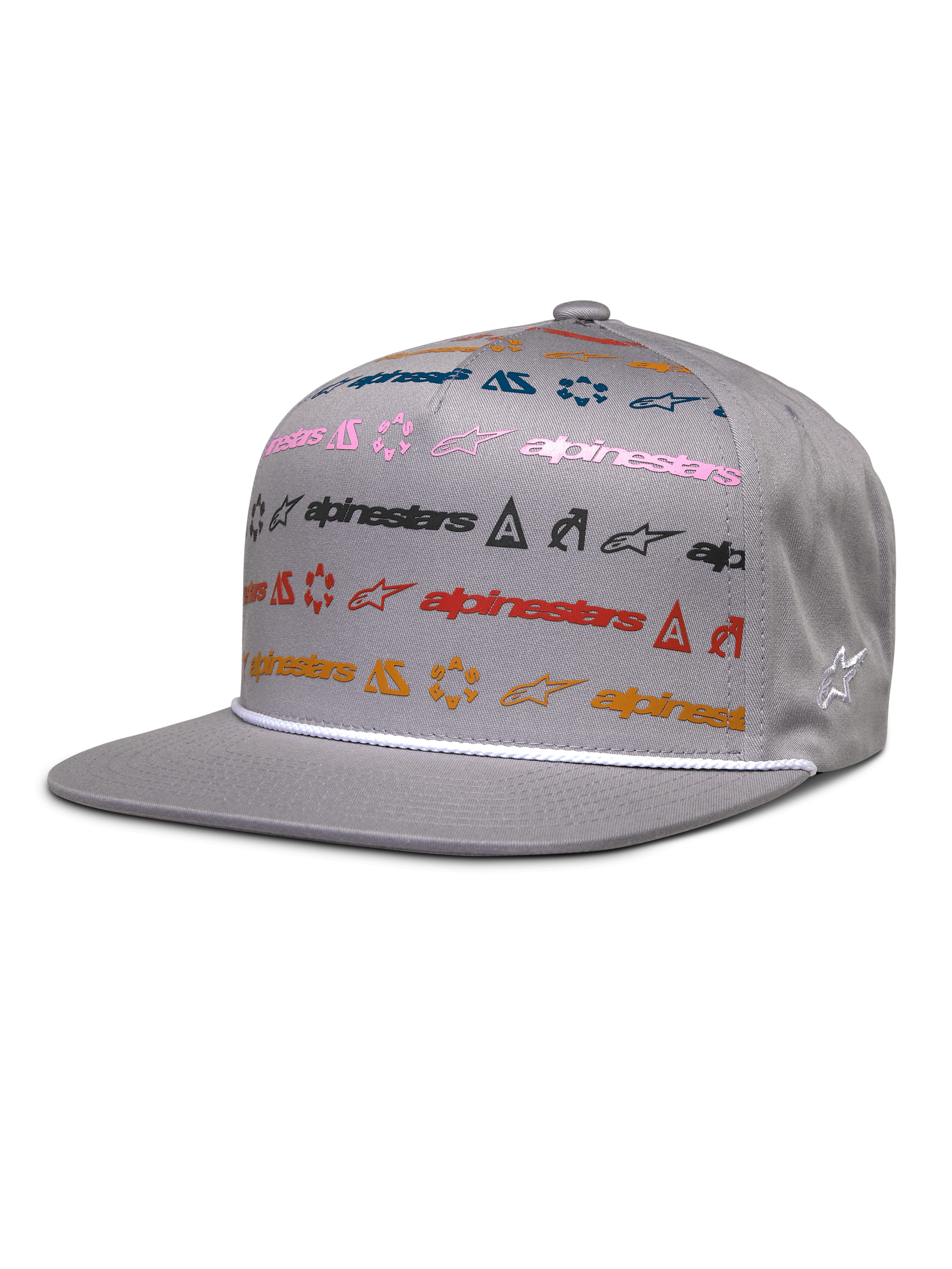 Alpinestars Glphy Hat, graue Snapback-Kappe mit flachem Schirm, farbenfrohes Multi-Logo-Print-Design in Pink, Blau, Rot und Orange, weiße Seilverzierung über dem Schirm, strukturierte Krone mit besticktem Stern-Logo an der Seite