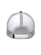 Alpinestars Gambit Trucker Hat, Blue and White, back view featuring breathable white mesh panels, white snap-back closure with a small black Alpinestars logo tag, casual motorsport-inspired headwear